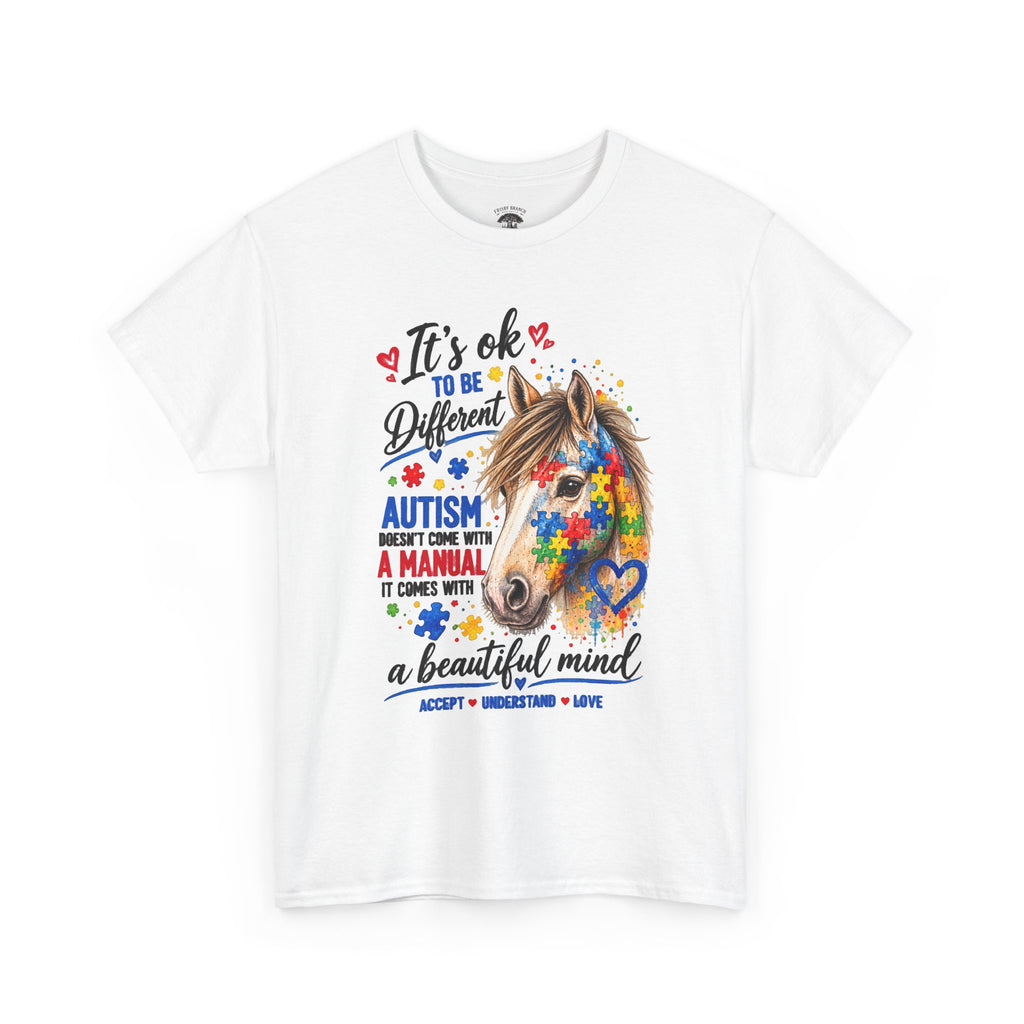Autism Awareness Horse T-Shirt — "It's OK to Be Different" Puzzle Heart Tee