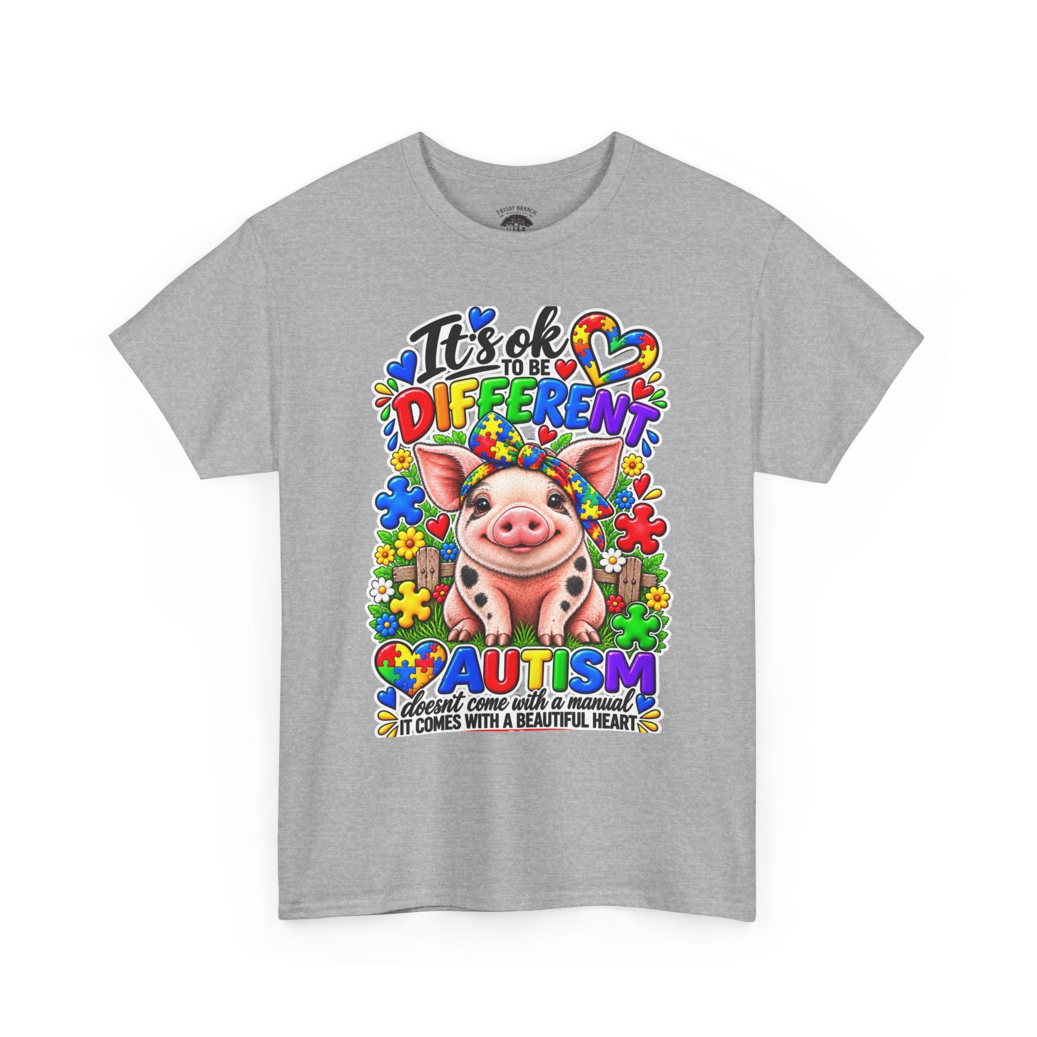 Autism Awareness Pig T-Shirt – "It's OK to Be Different" Colorful Puzzle Tee
