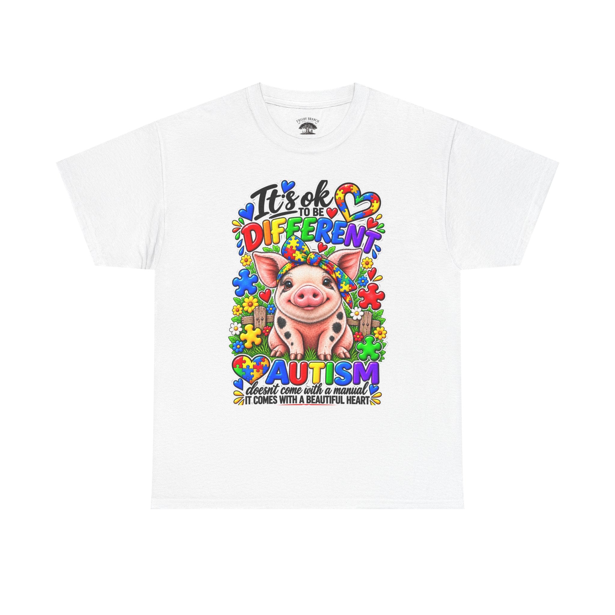 Autism Awareness Pig T-Shirt – "It's OK to Be Different" Colorful Puzzle Tee