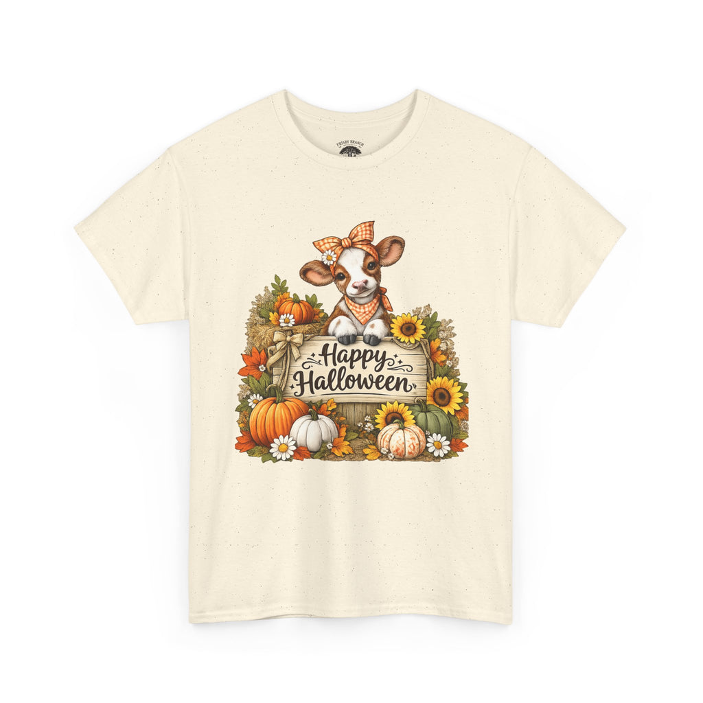 Halloween Cow T‑Shirt — Cute Cow with Pumpkins & "Happy Halloween" Fall Tee