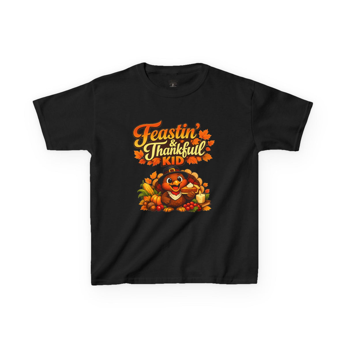 Kids Tee — "Feastin' & Thankful Kid" Thanksgiving Turkey Shirt