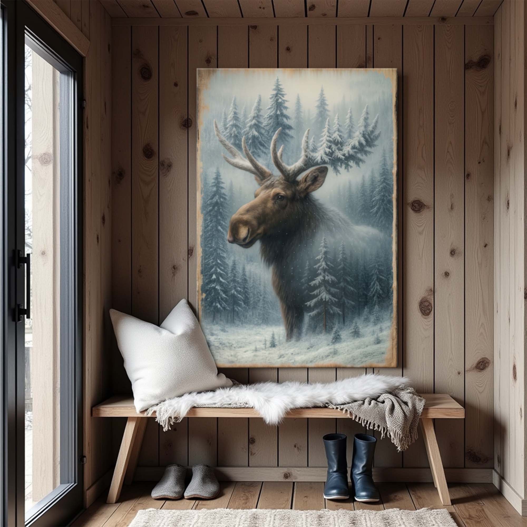 Rustic Snowy Forest Moose Canvas Wall Art