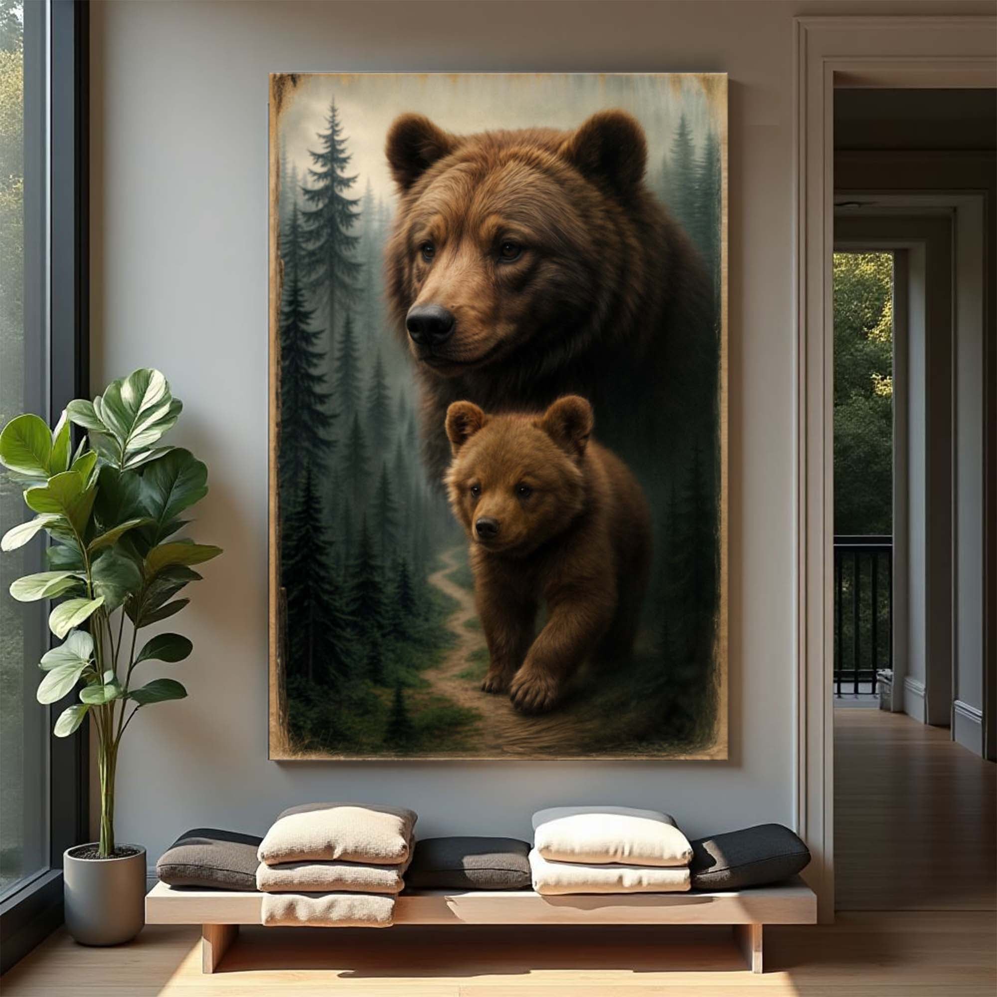Rustic Bear & Cub Woodland Canvas Wall Art