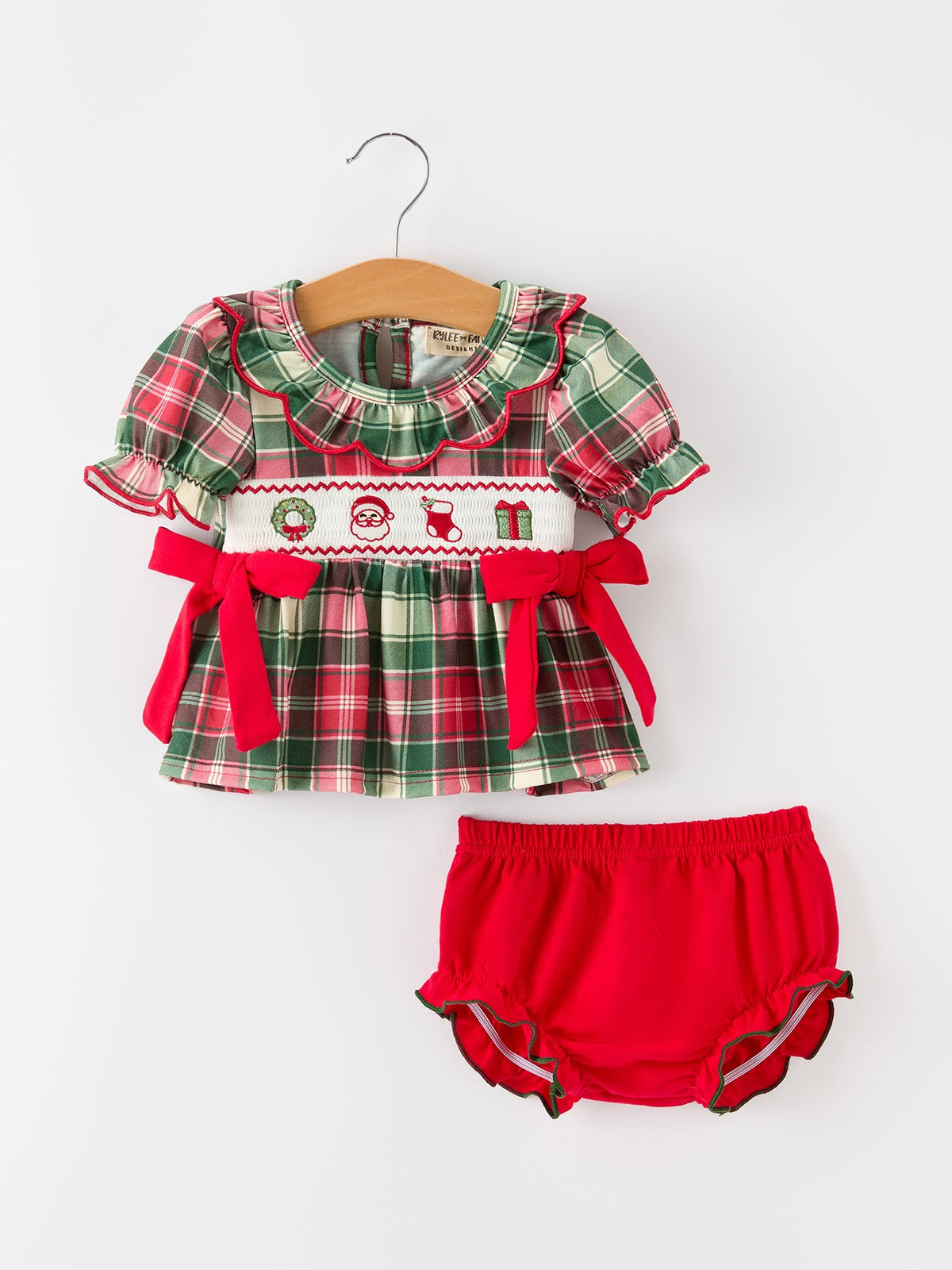 Girls Christmas Plaid Smocked Bloomer Set