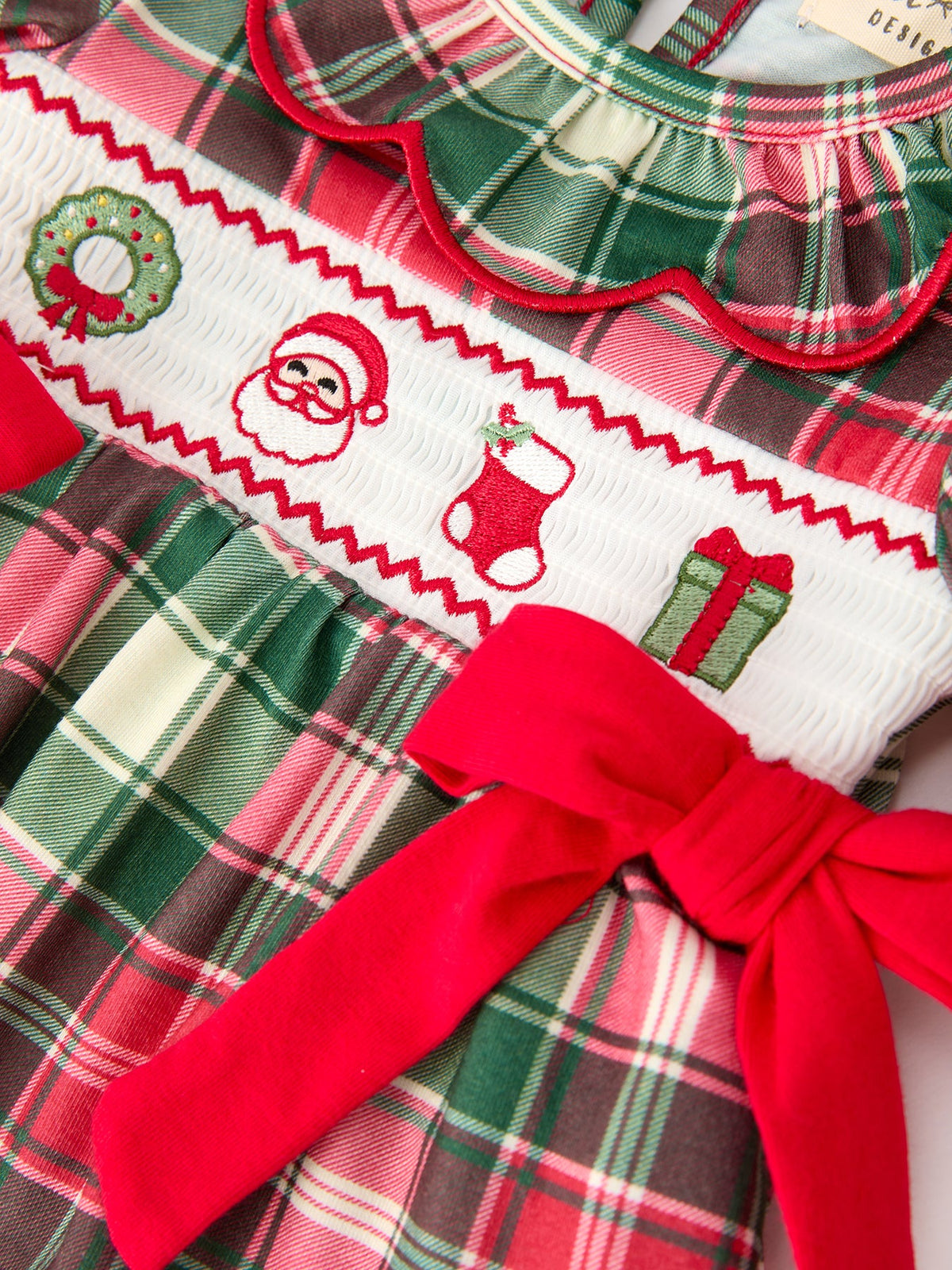 Girls Christmas Plaid Smocked Bloomer Set
