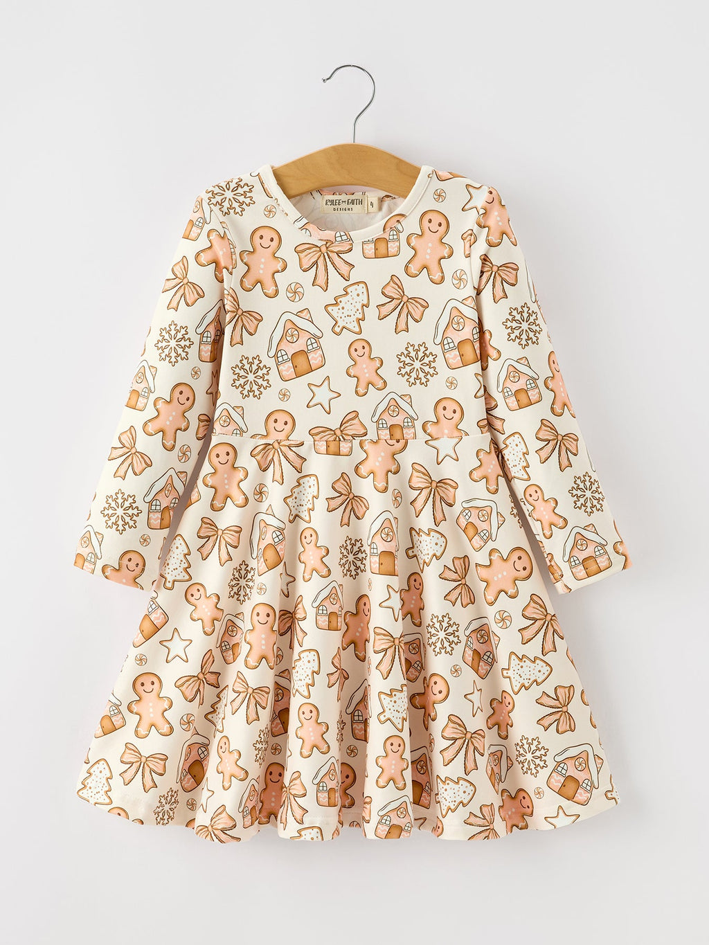 Girls’ Christmas Gingerbread Cookie Long-Sleeve Twirl Dress