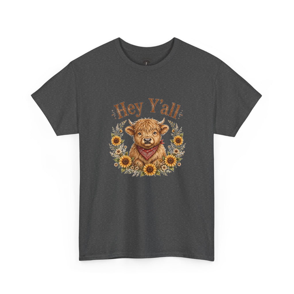 Hey Y'all Highland Cow T-Shirt — Cute Farmhouse Sunflower Graphic Tee