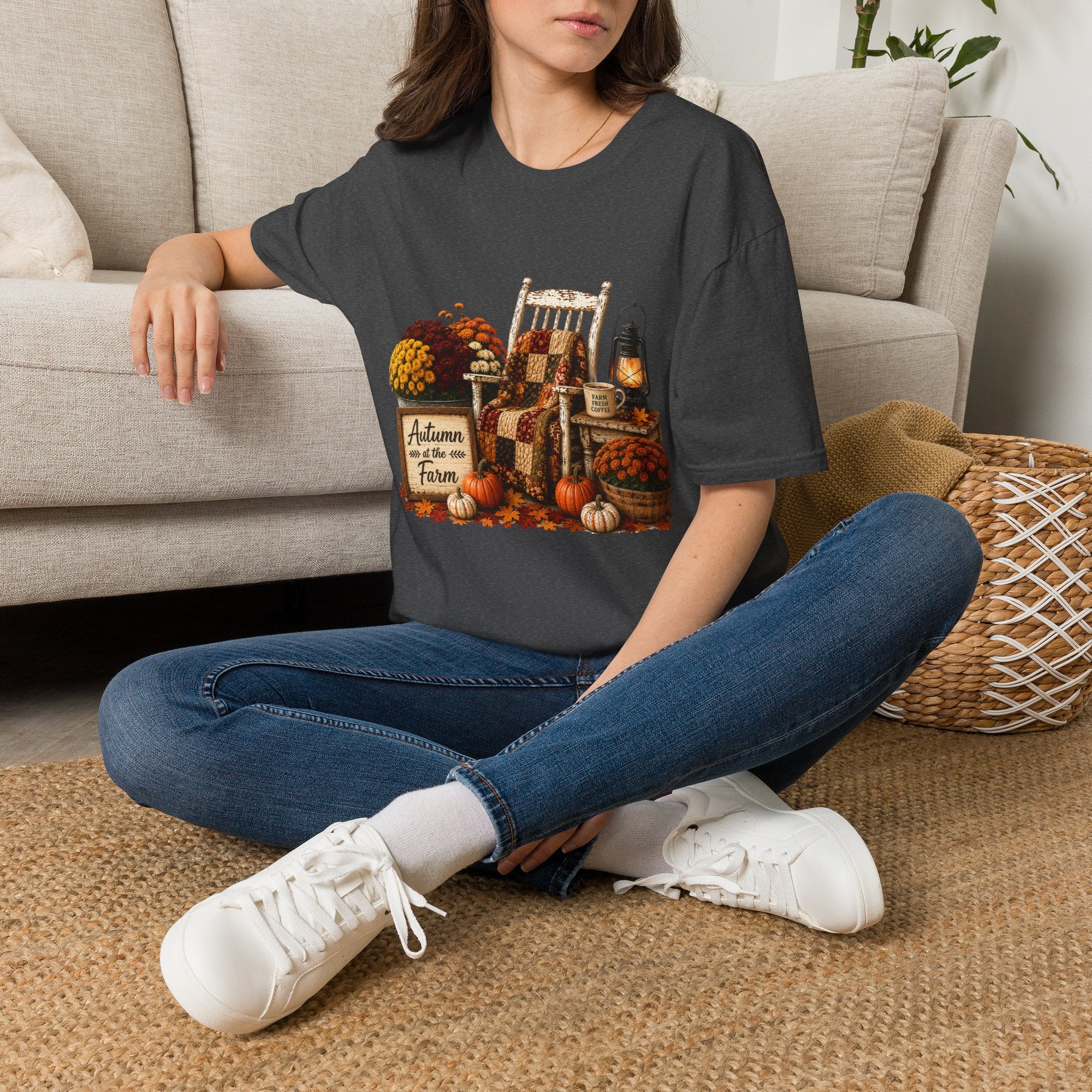 Fall Farmhouse Chair T‑Shirt — Autumn Pumpkins, Quilted Chair & Lantern Tee