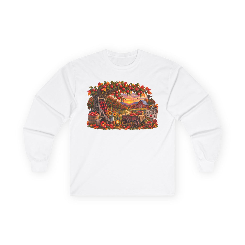 Long Sleeve Tee — Autumn Harvest Scenic Cabin with Pumpkins & Lanterns
