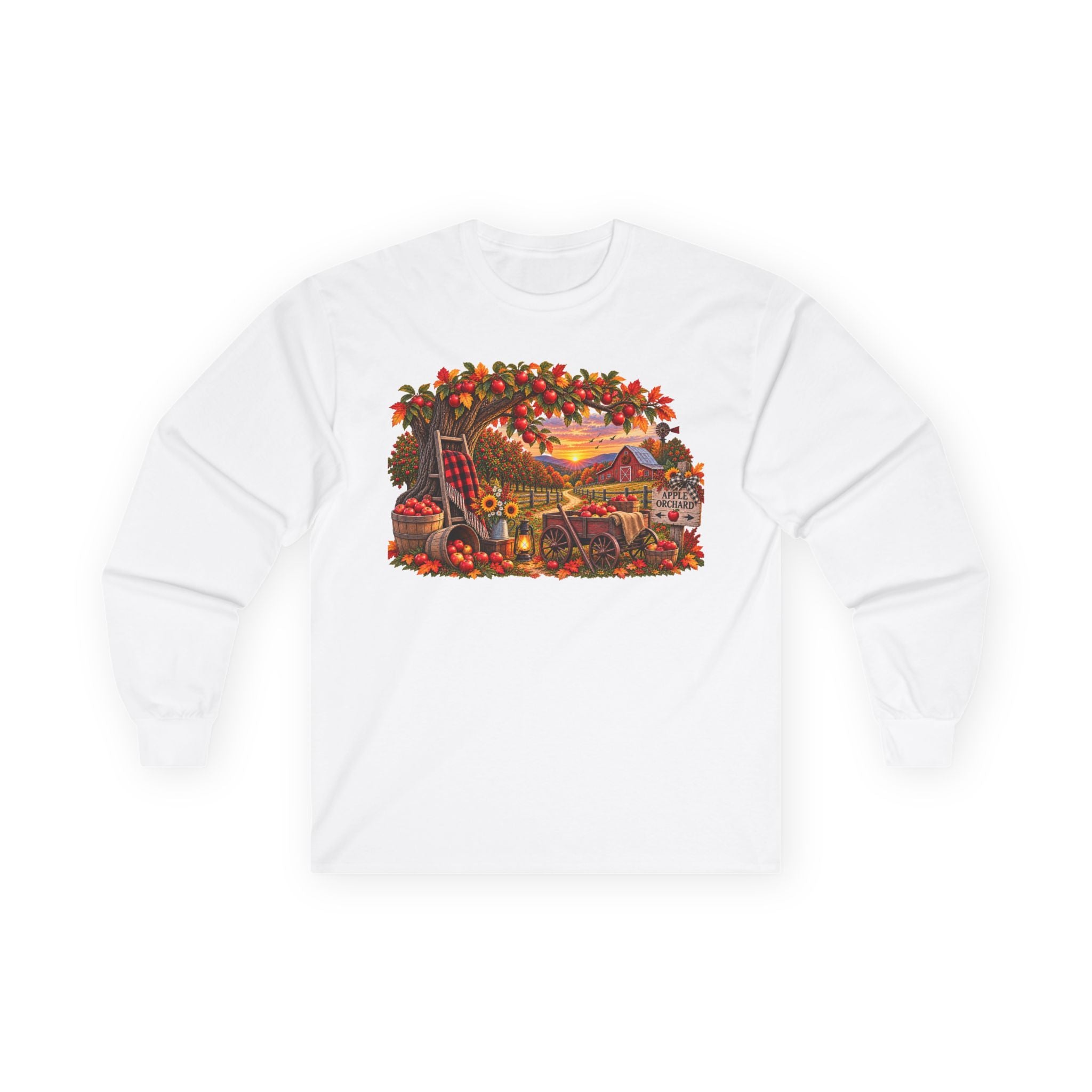 Long Sleeve Tee — Autumn Harvest Scenic Cabin with Pumpkins & Lanterns