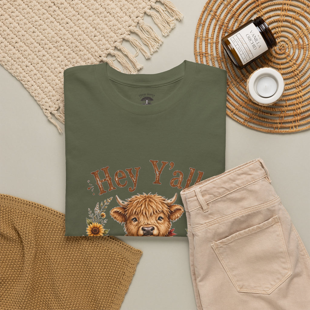 Hey Y'all Highland Cow T-Shirt — Cute Farmhouse Sunflower Graphic Tee