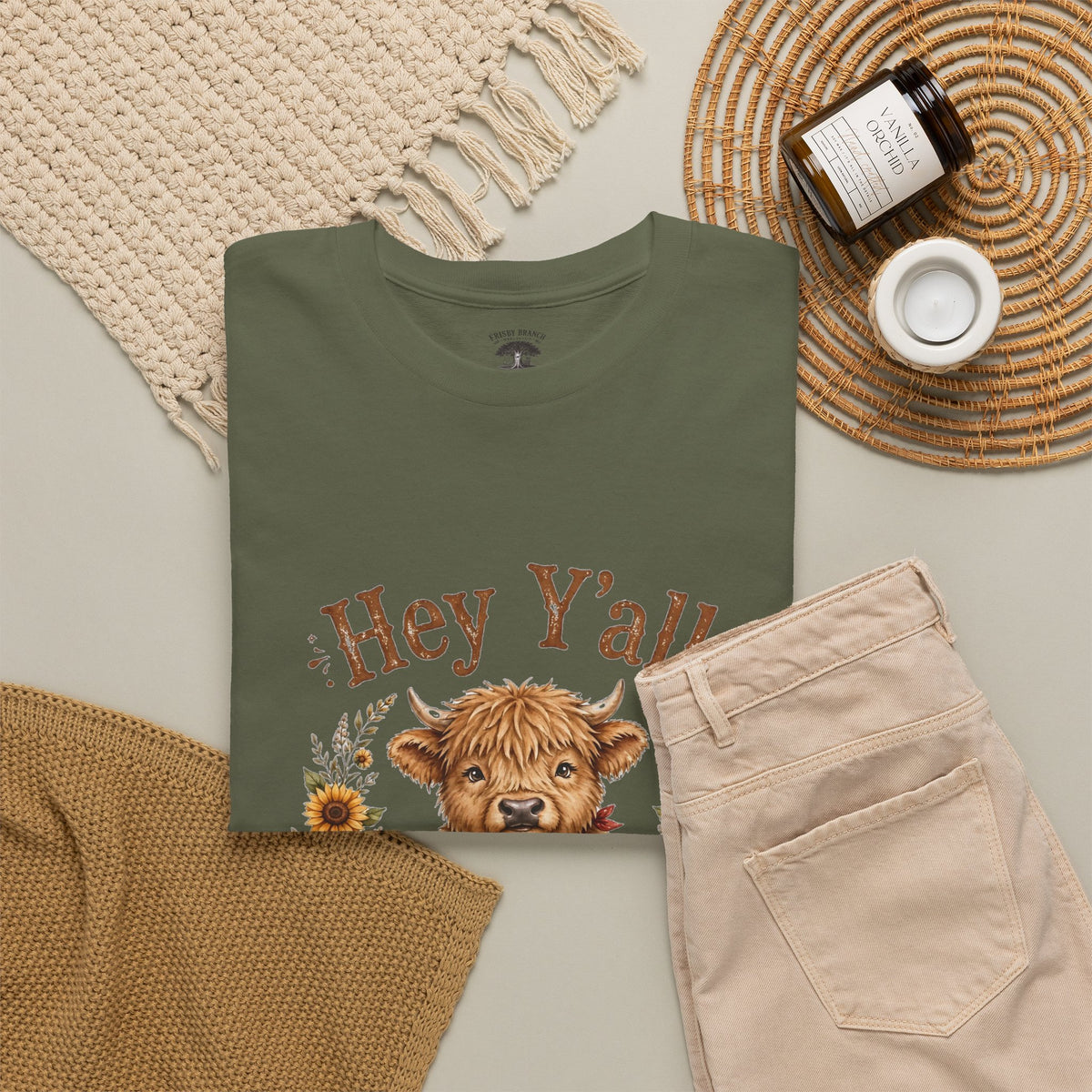 Hey Y'all Highland Cow T-Shirt — Cute Farmhouse Sunflower Graphic Tee