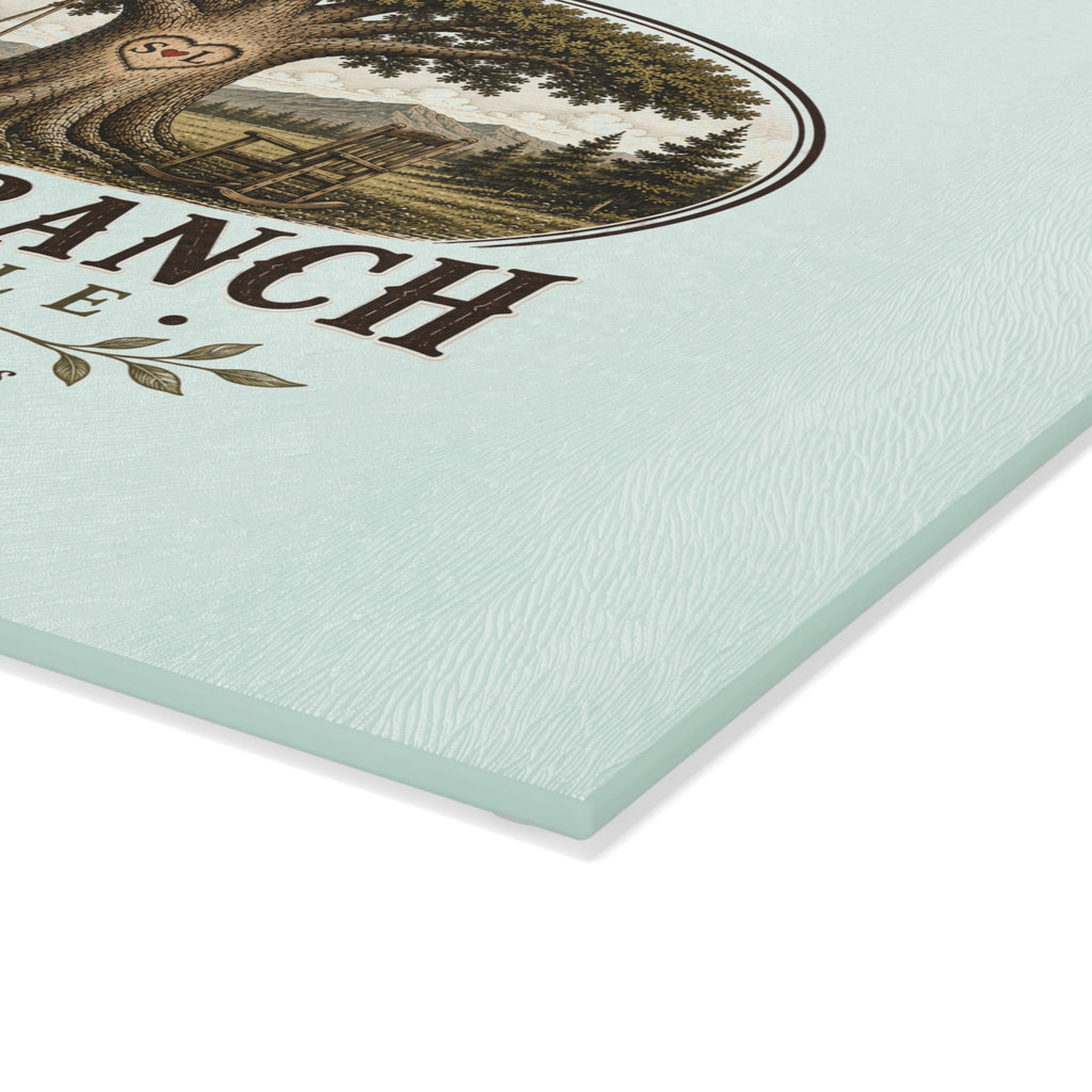 Frisby Branch Mercantile Glass Cutting Board — Rustic Tree Logo Kitchen Decor