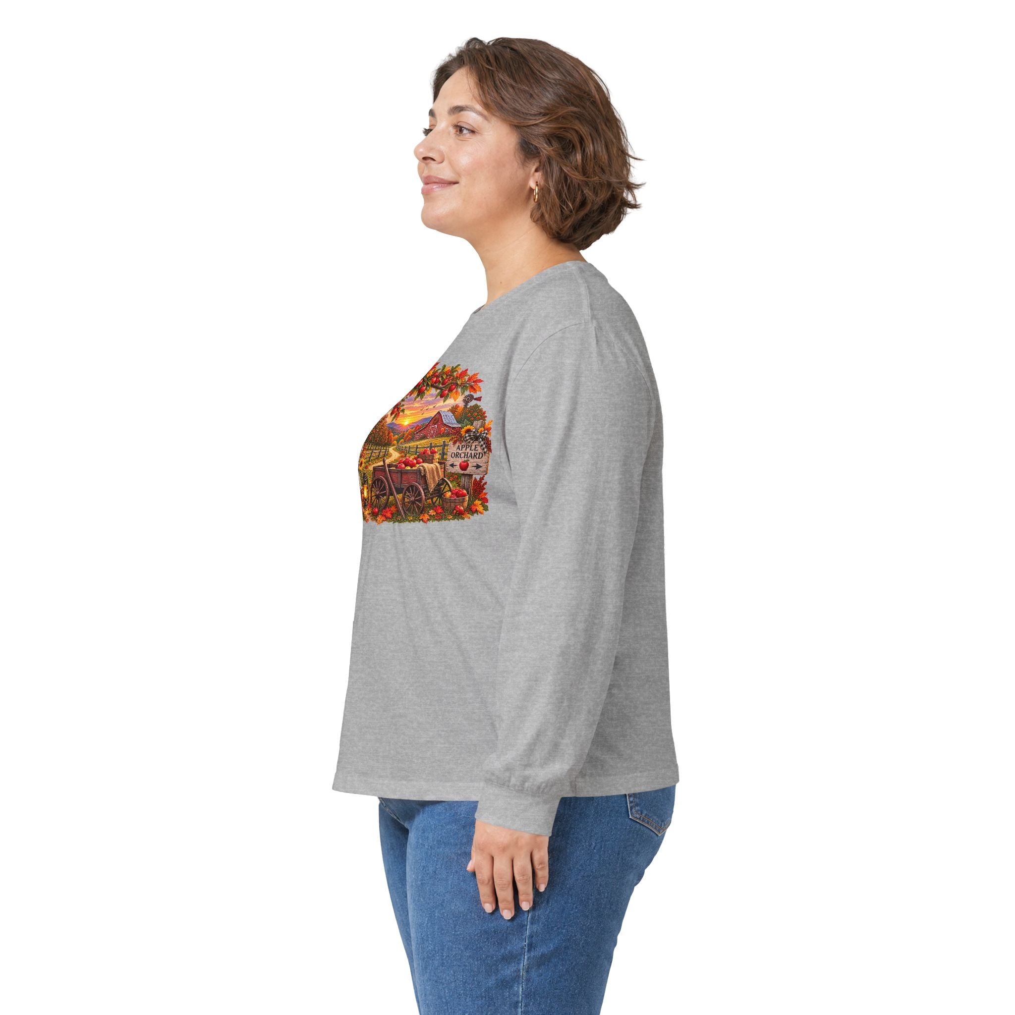 Long Sleeve Tee — Autumn Harvest Scenic Cabin with Pumpkins & Lanterns