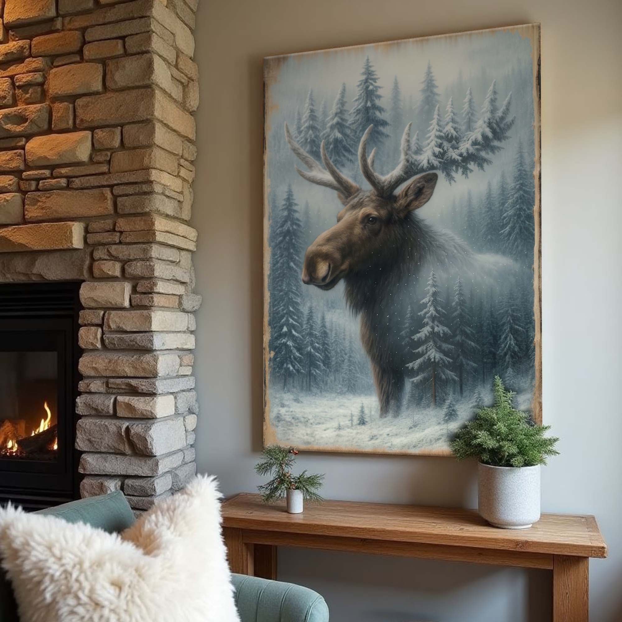Rustic Snowy Forest Moose Canvas Wall Art