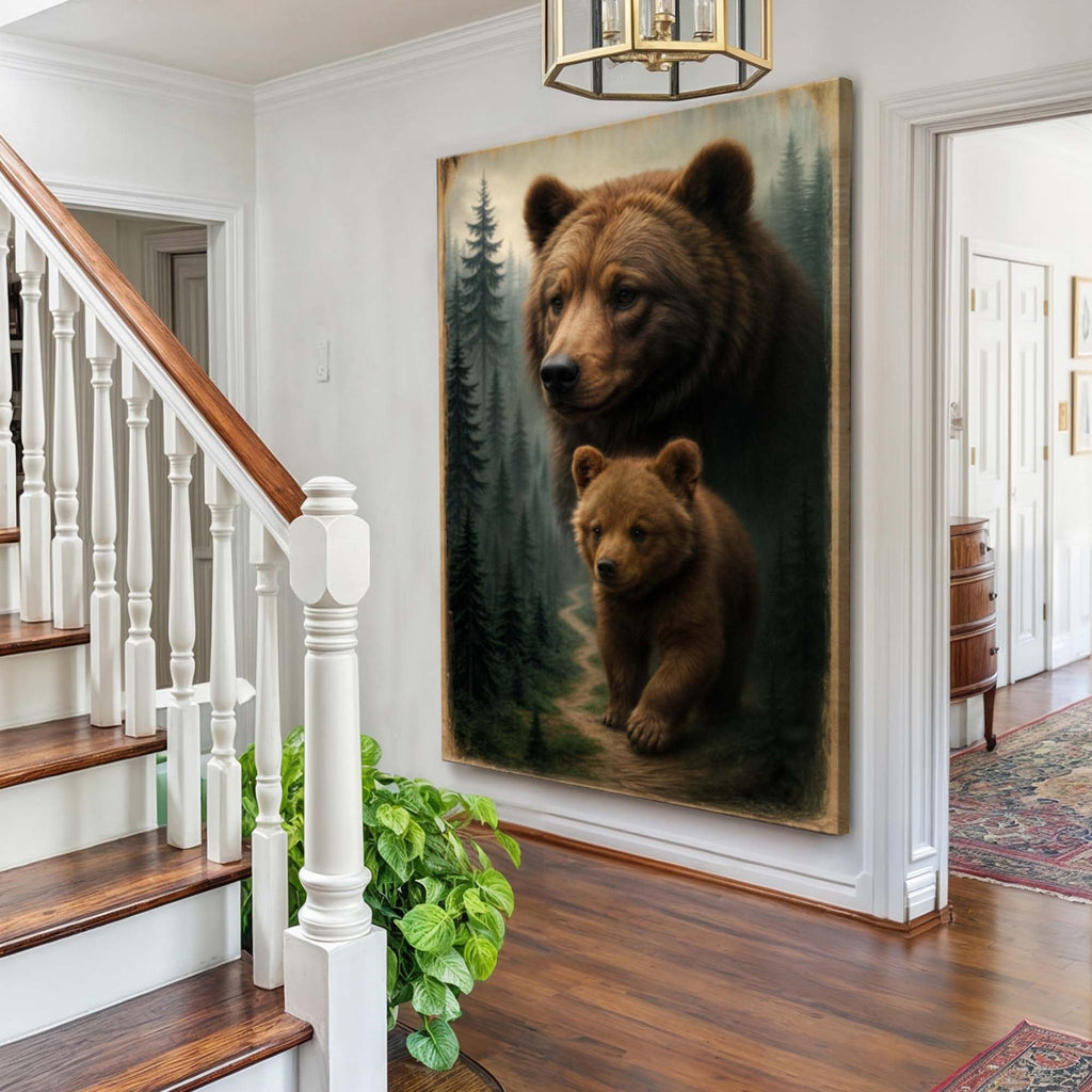 Rustic Bear & Cub Woodland Canvas Wall Art