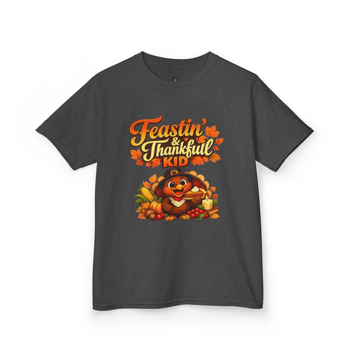 Kids Tee — "Feastin' & Thankful Kid" Thanksgiving Turkey Shirt