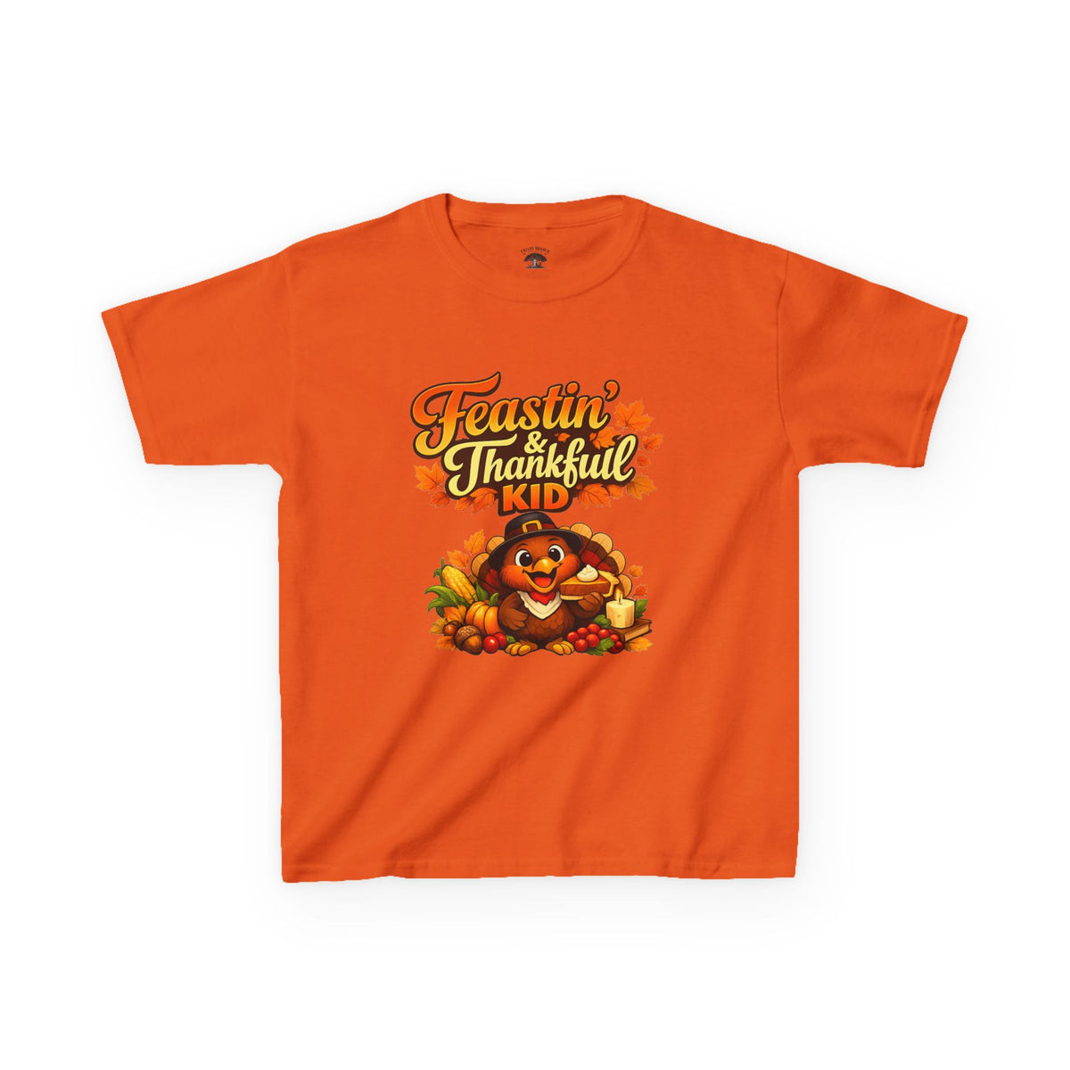 Kids Tee — "Feastin' & Thankful Kid" Thanksgiving Turkey Shirt