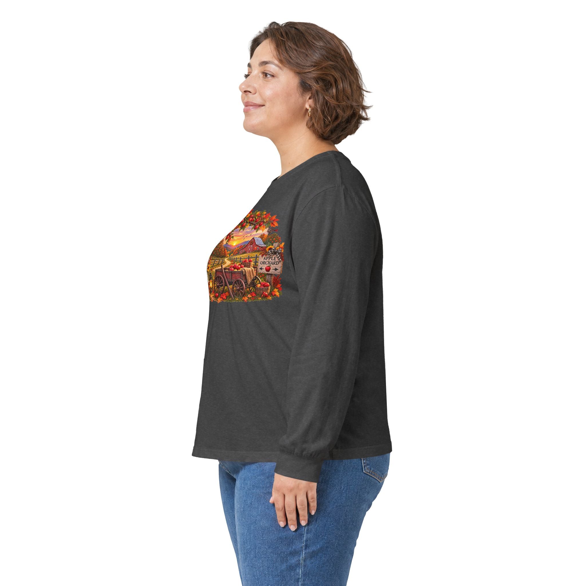 Long Sleeve Tee — Autumn Harvest Scenic Cabin with Pumpkins & Lanterns