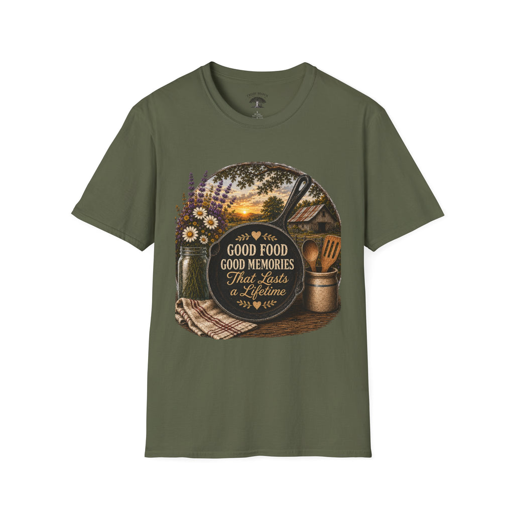 Good Food, Good Memories That Last a Lifetime | Rustic Cast Iron Skillet Farmhouse T-Shirt