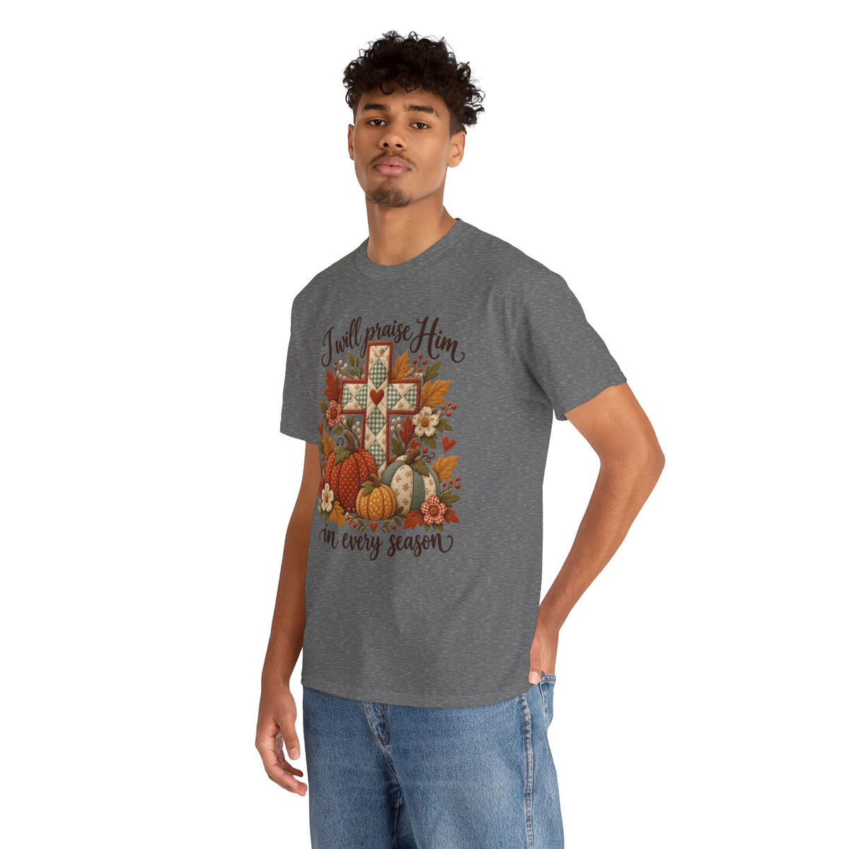 Praise Him in Every Season Tee — Autumn Christian Cross Shirt