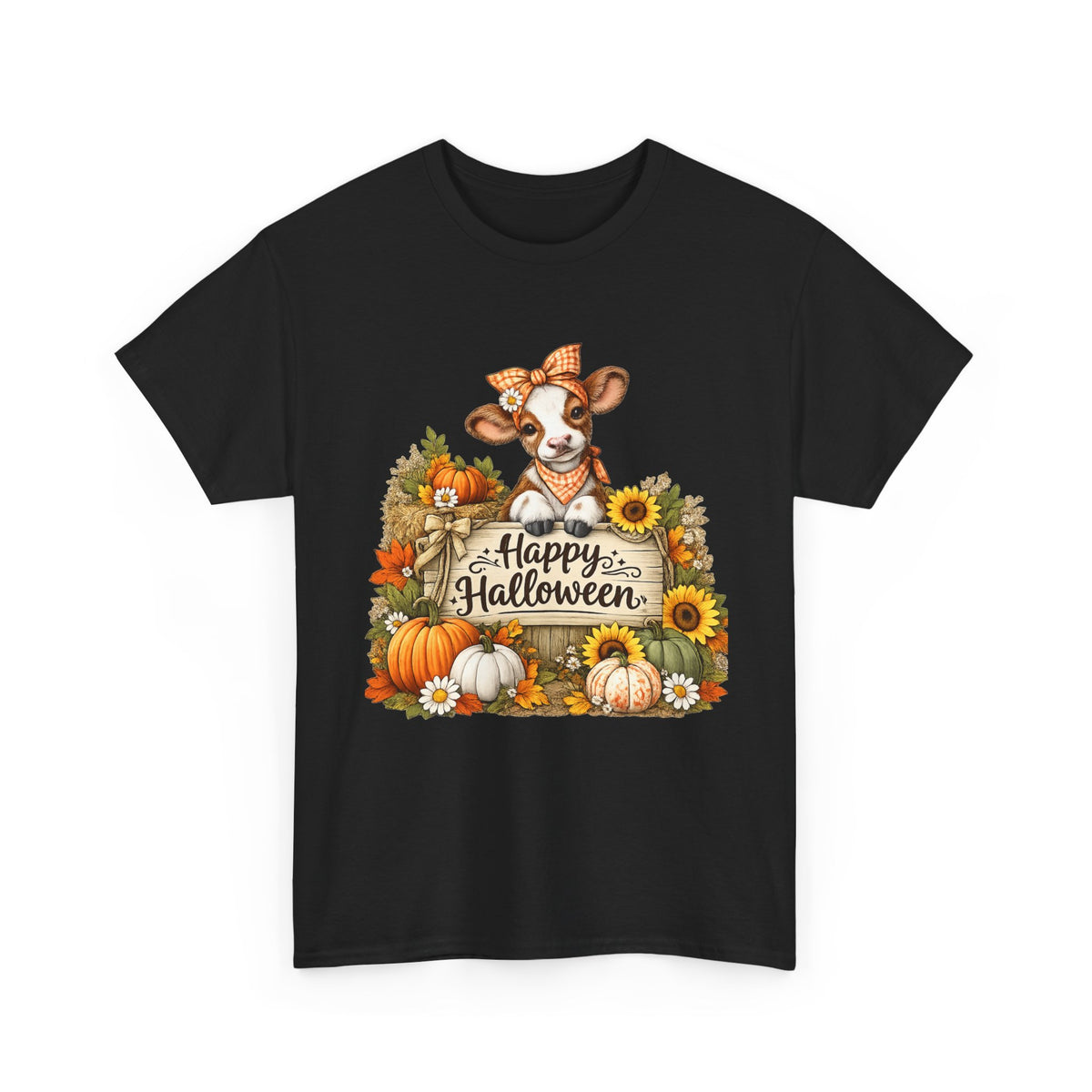 Halloween Cow T‑Shirt — Cute Cow with Pumpkins & "Happy Halloween" Fall Tee