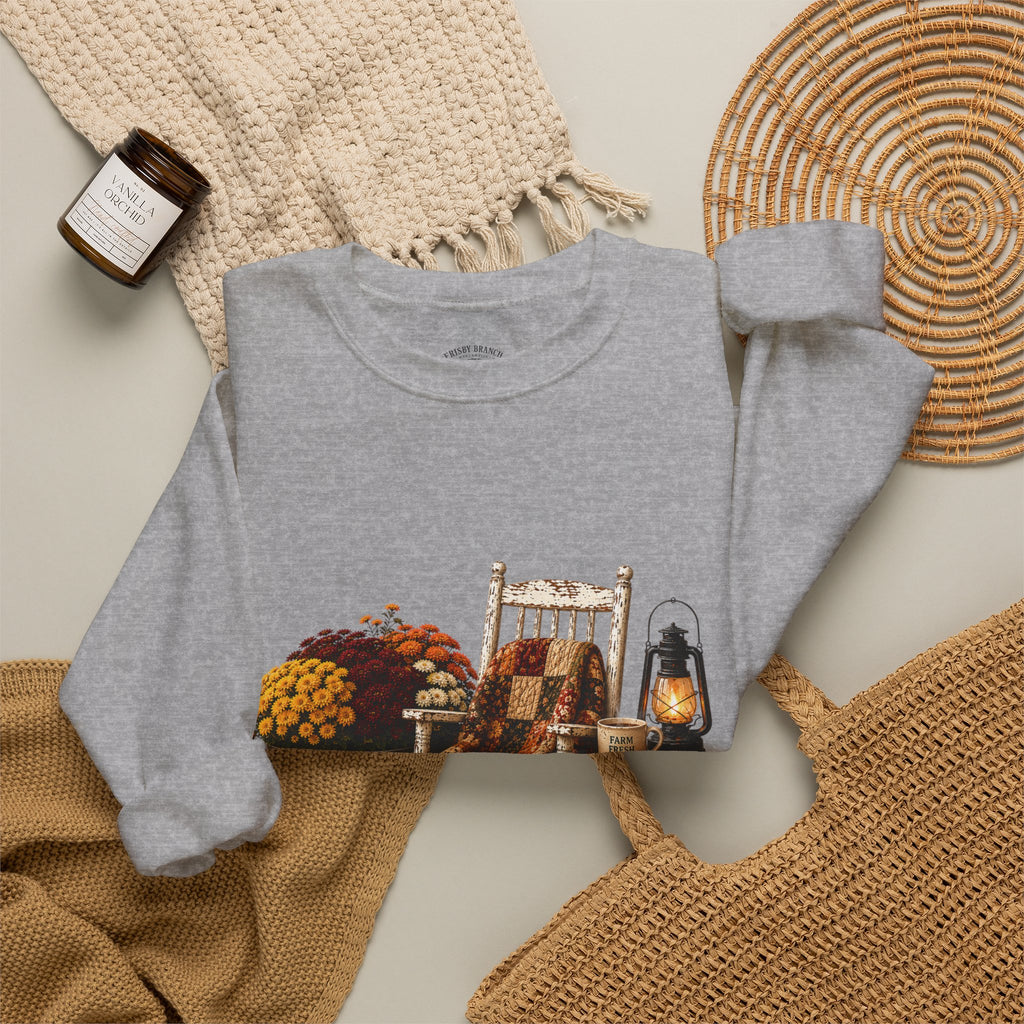 Autumn on the Farm Crewneck Sweatshirt — Fall Pumpkin & Mums Cozy Graphic