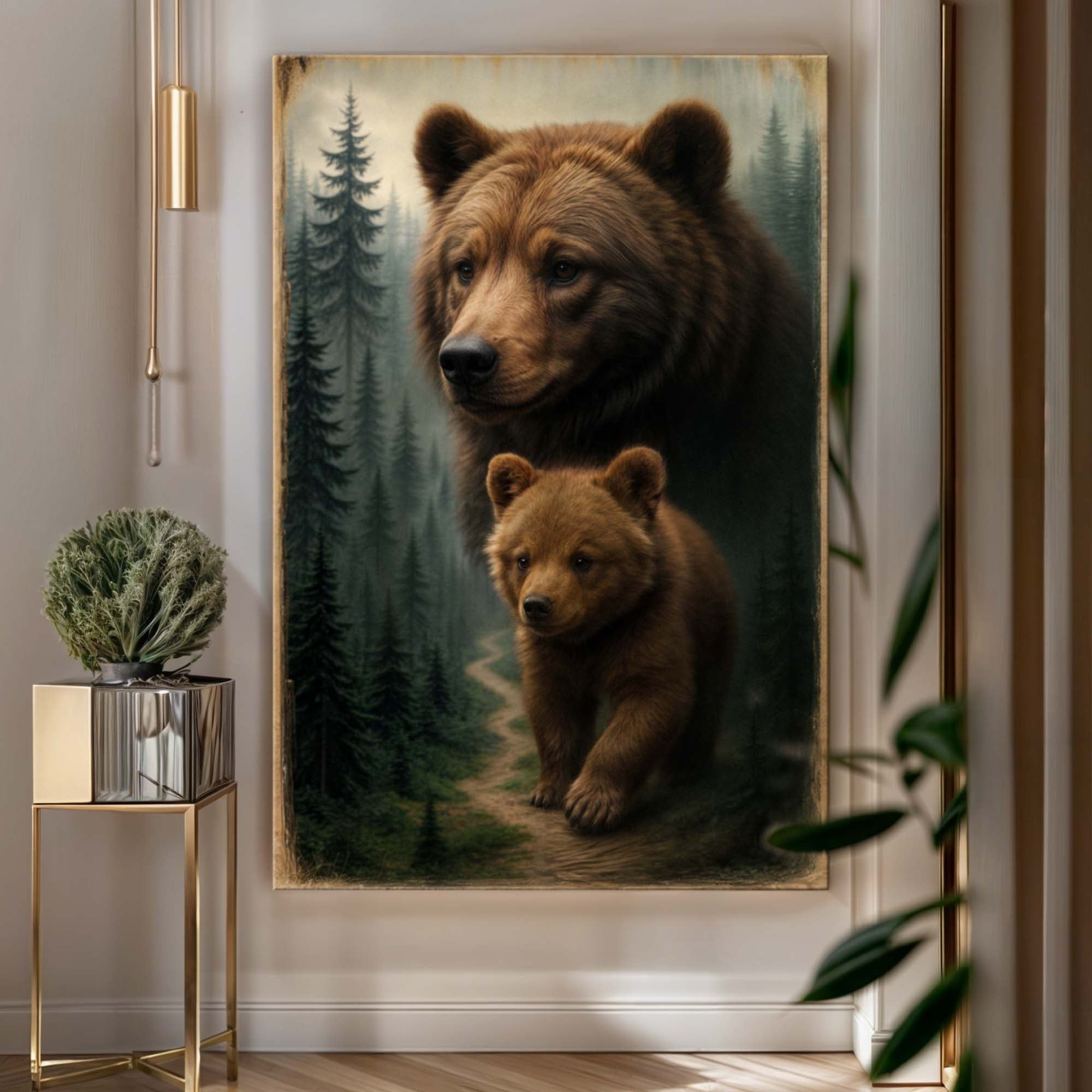 Rustic Bear & Cub Woodland Canvas Wall Art