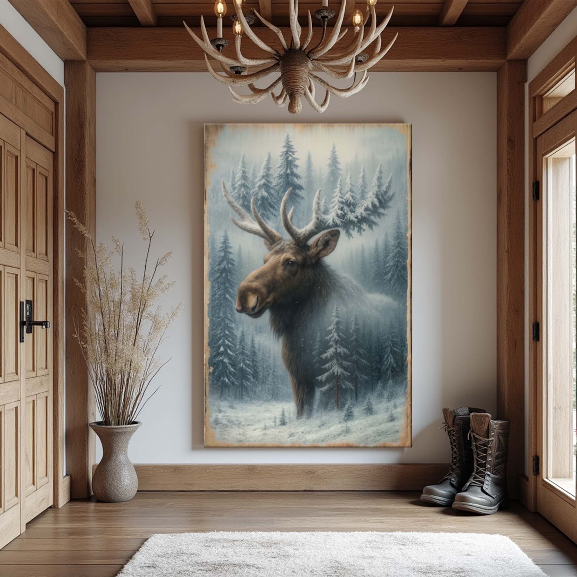 Rustic Snowy Forest Moose Canvas Wall Art