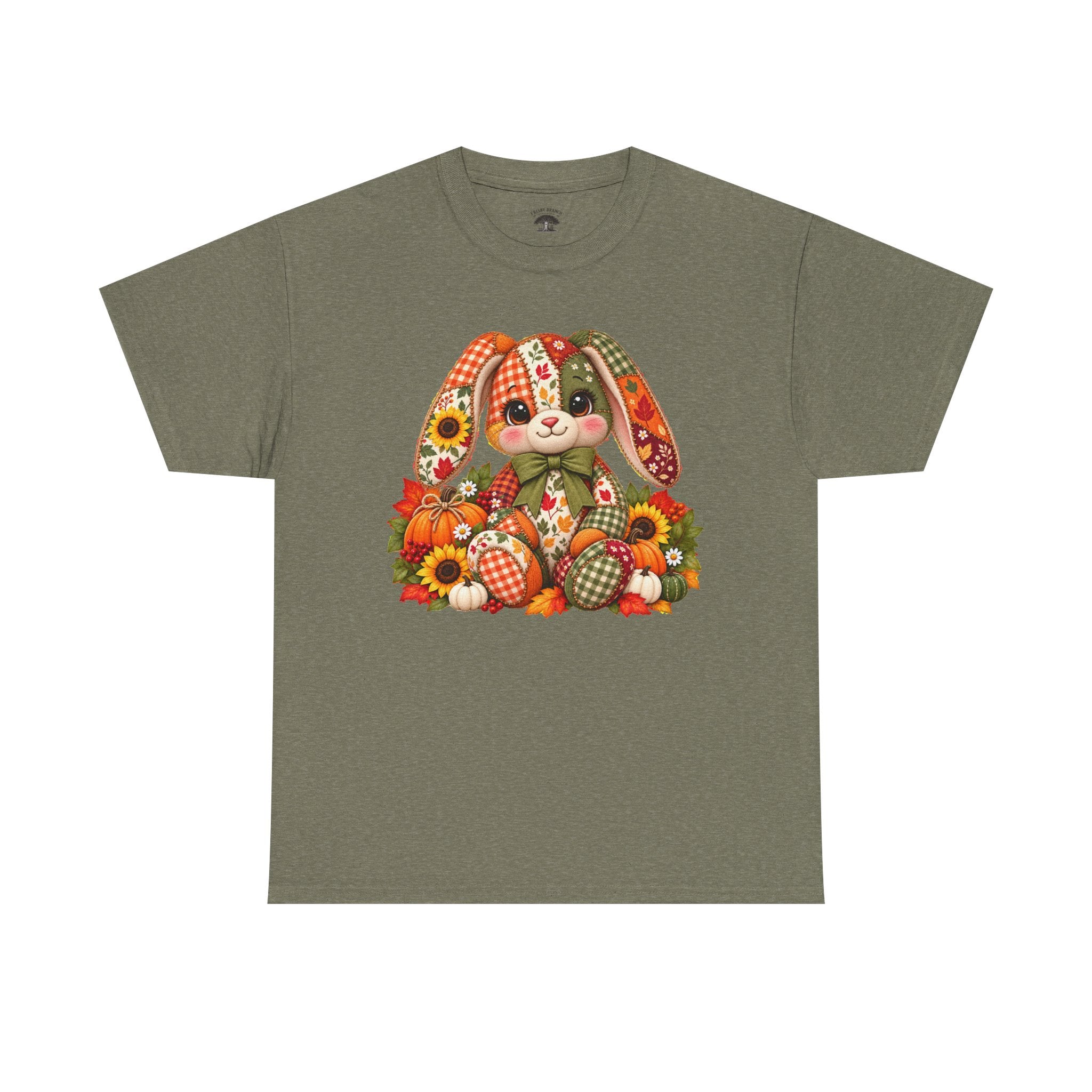 Autumn Patchwork Bunny T-Shirt — Cute Fall Bunny with Pumpkins & Sunflowers