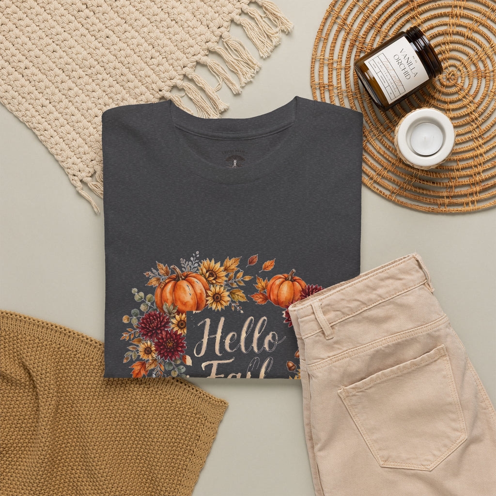 Hello Fall Watercolor T-Shirt — Fall Pumpkins & Sunflowers Graphic Tee