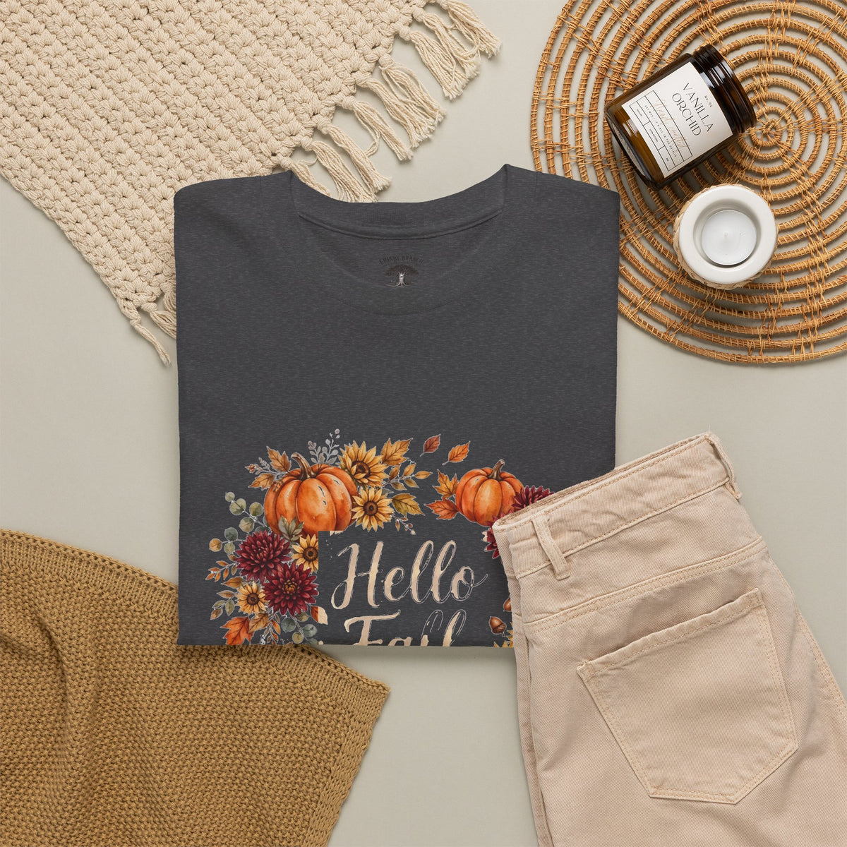 Hello Fall Watercolor T-Shirt — Fall Pumpkins & Sunflowers Graphic Tee