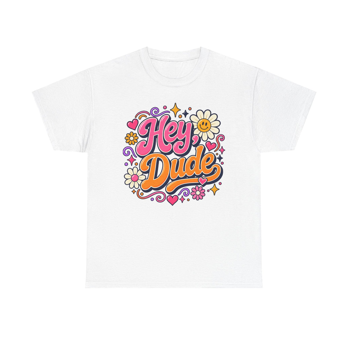 Hey Dude Floral Graphic Tee — Retro 70s Vibe Casual Shirt