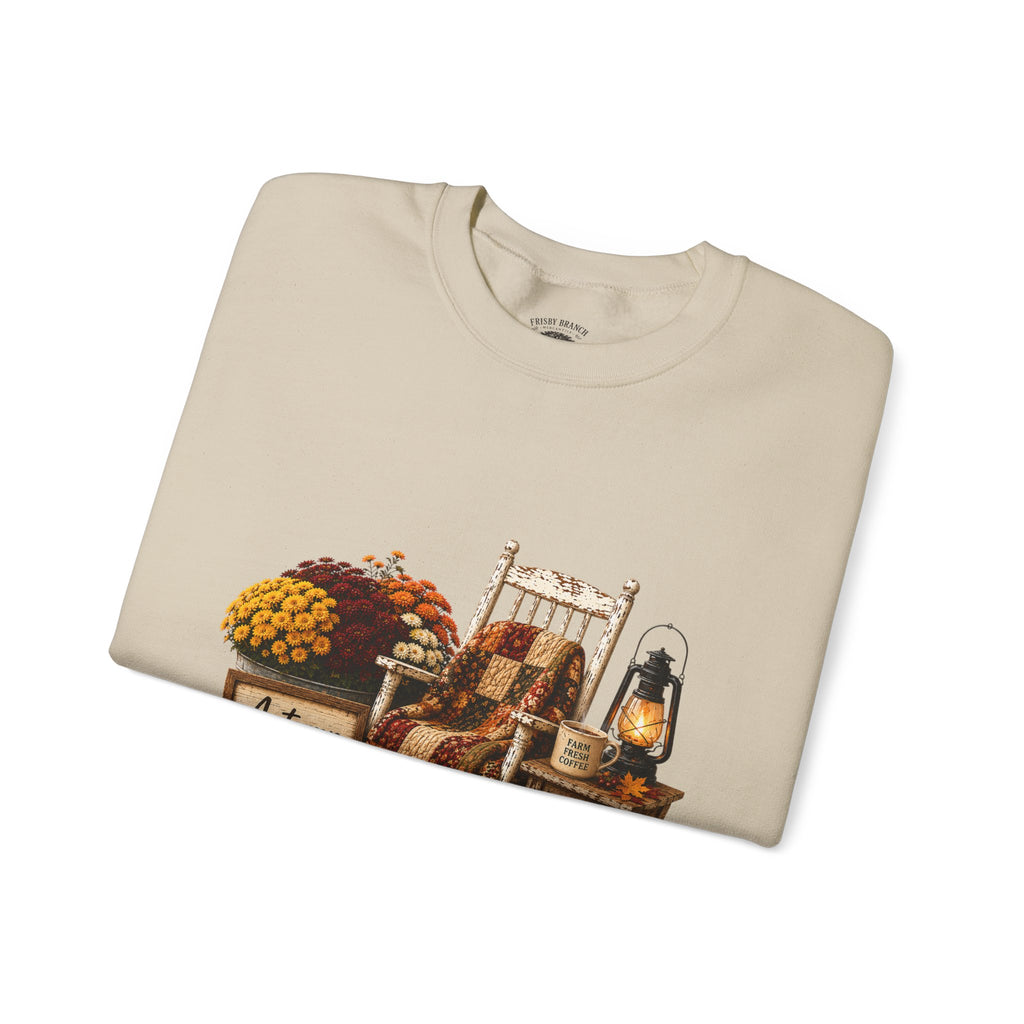 Autumn on the Farm Crewneck Sweatshirt — Fall Pumpkin & Mums Cozy Graphic