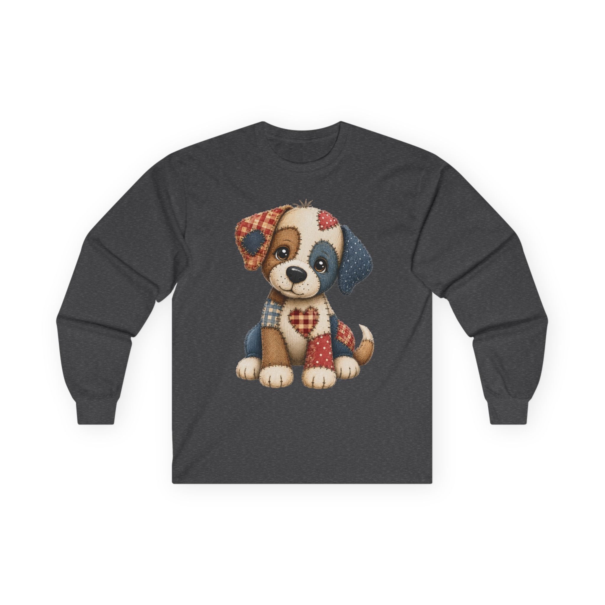 Cute Patchwork Puppy Long Sleeve Tee — Adorable Valentine Dog Graphic Shirt