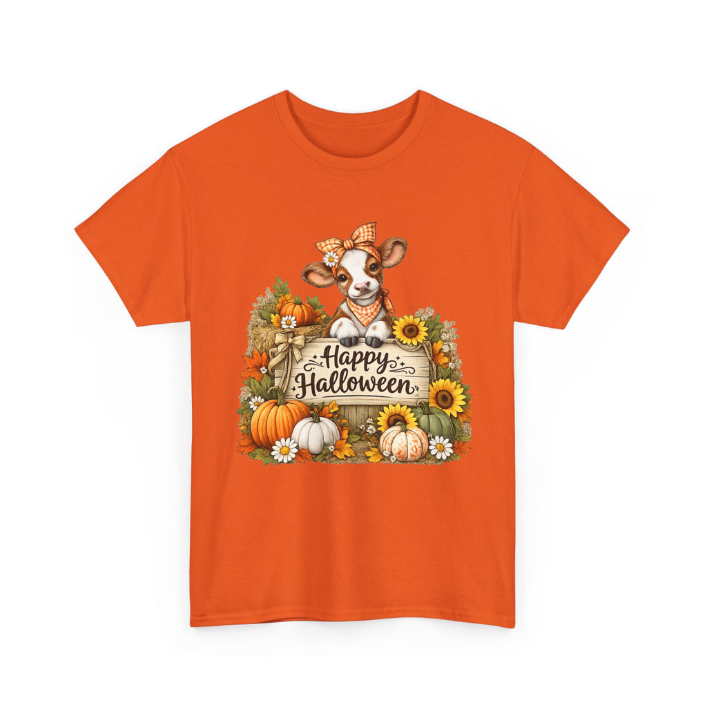 Halloween Cow T‑Shirt — Cute Cow with Pumpkins & "Happy Halloween" Fall Tee