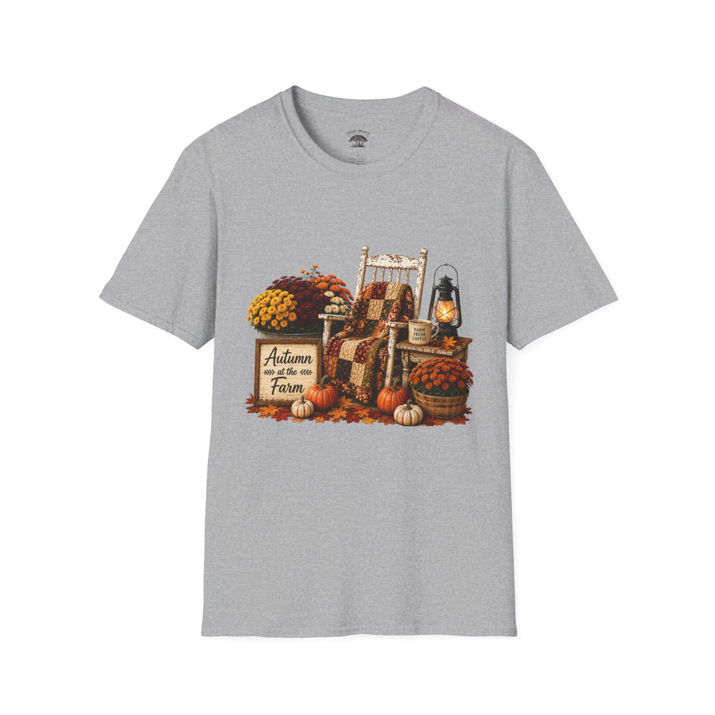 Fall Farmhouse Chair T‑Shirt — Autumn Pumpkins, Quilted Chair & Lantern Tee