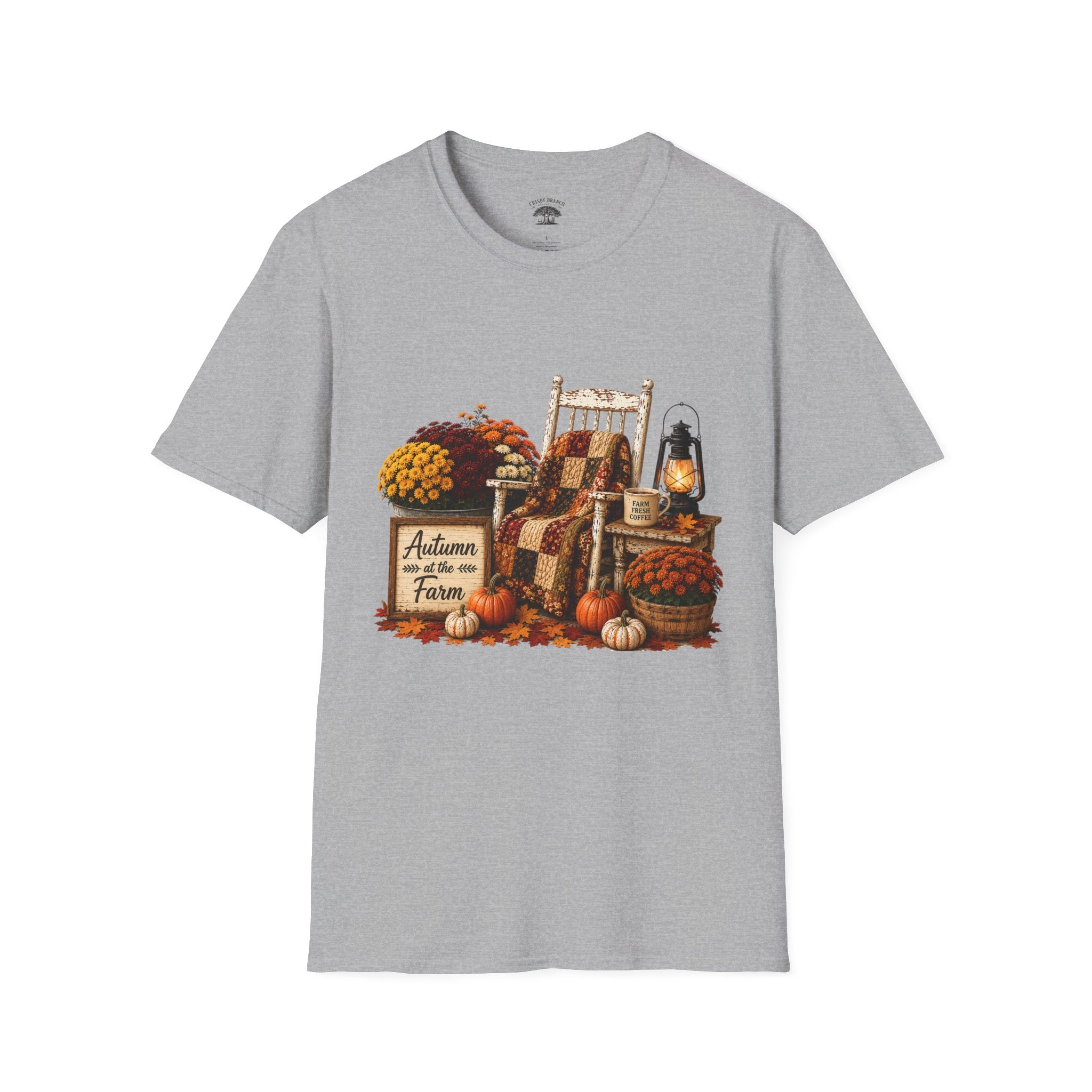 Fall Farmhouse Chair T‑Shirt — Autumn Pumpkins, Quilted Chair & Lantern Tee