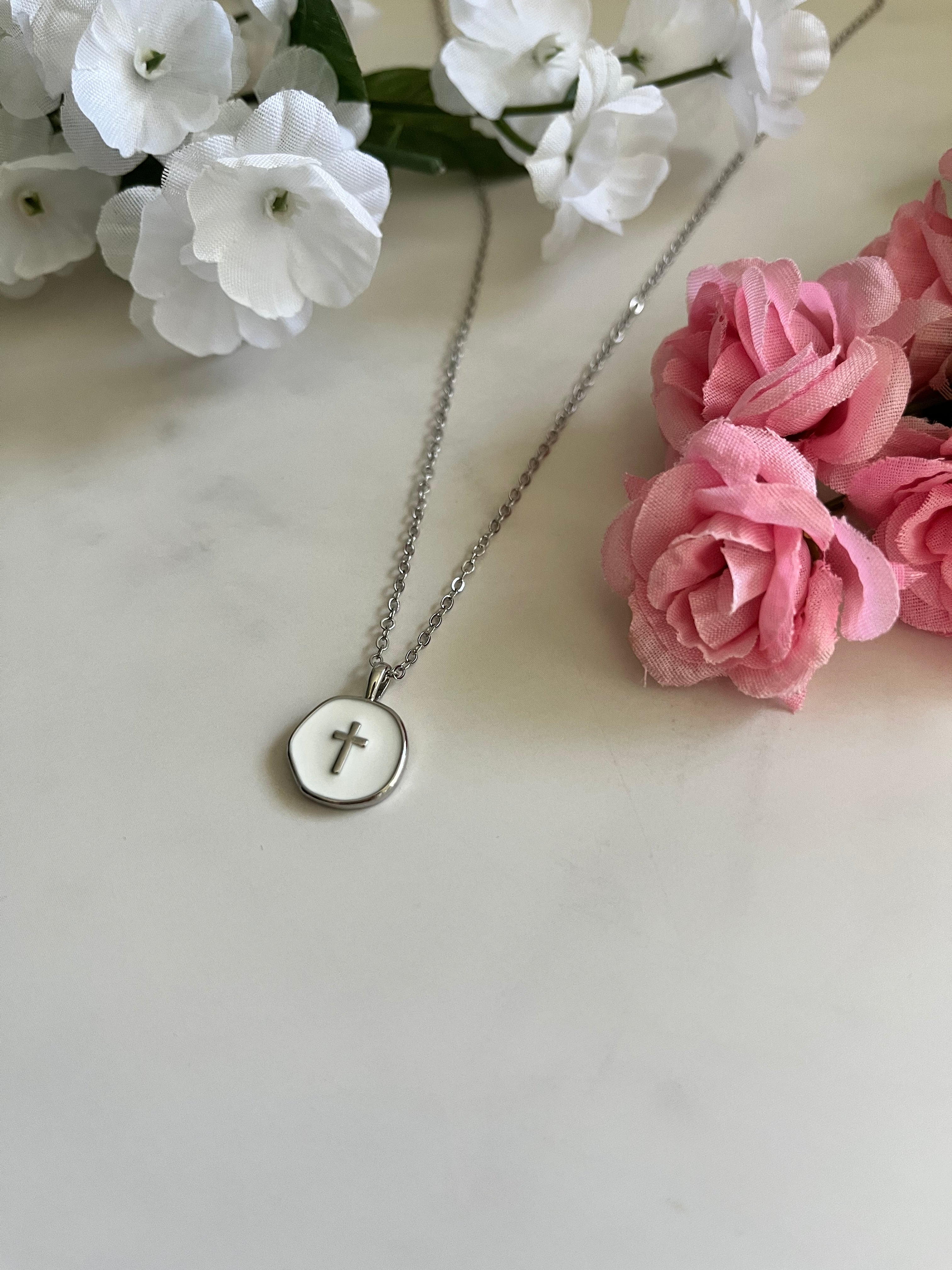 Silver Necklace White Cross Pendant - Elegant 18" Hypoallergenic Design