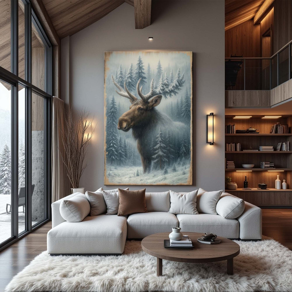 Rustic Snowy Forest Moose Canvas Wall Art