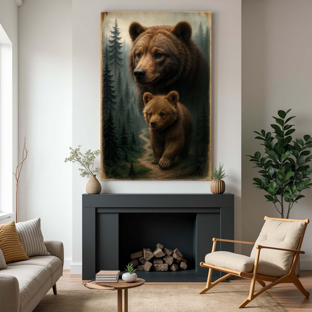 Rustic Bear & Cub Woodland Canvas Wall Art