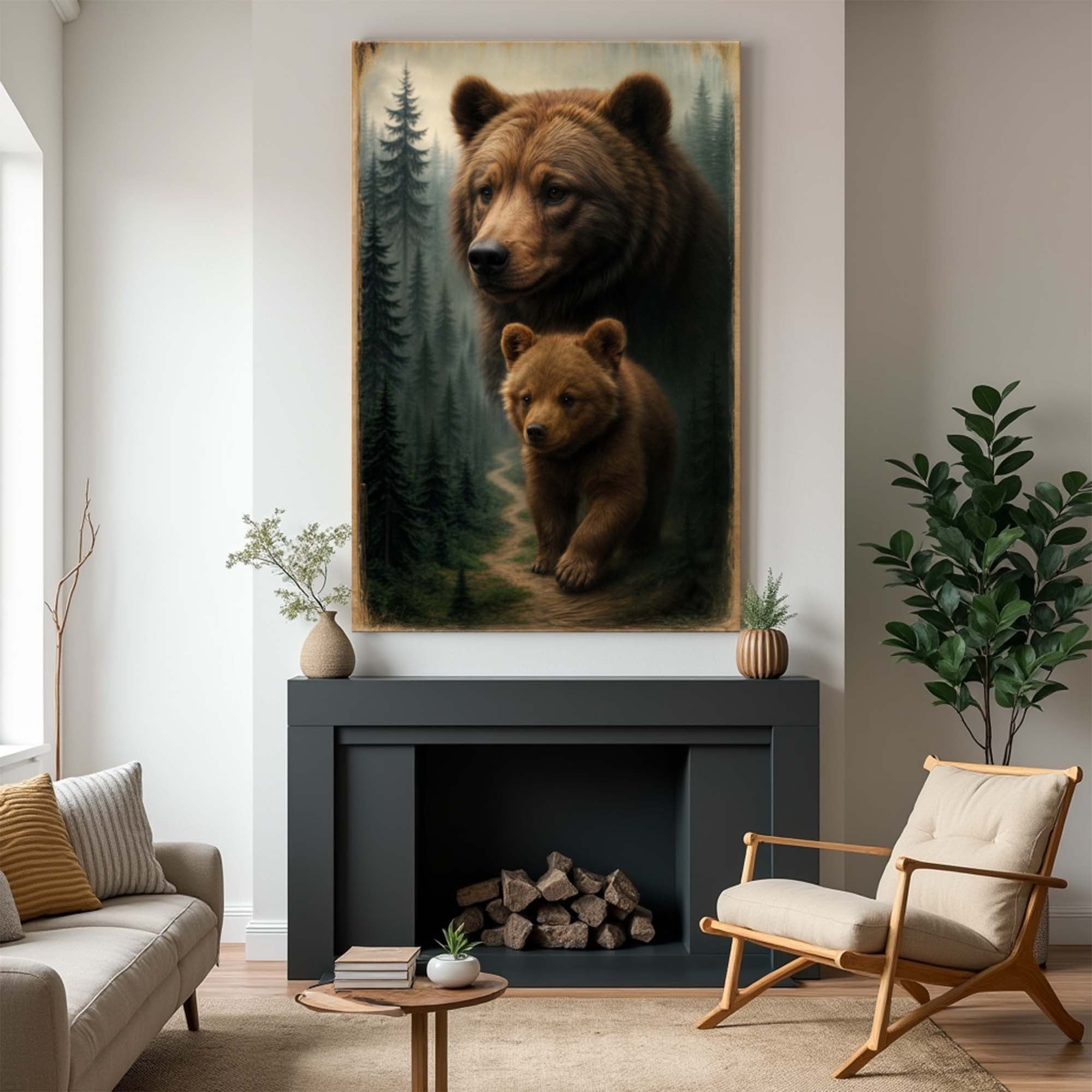 Rustic Bear & Cub Woodland Canvas Wall Art