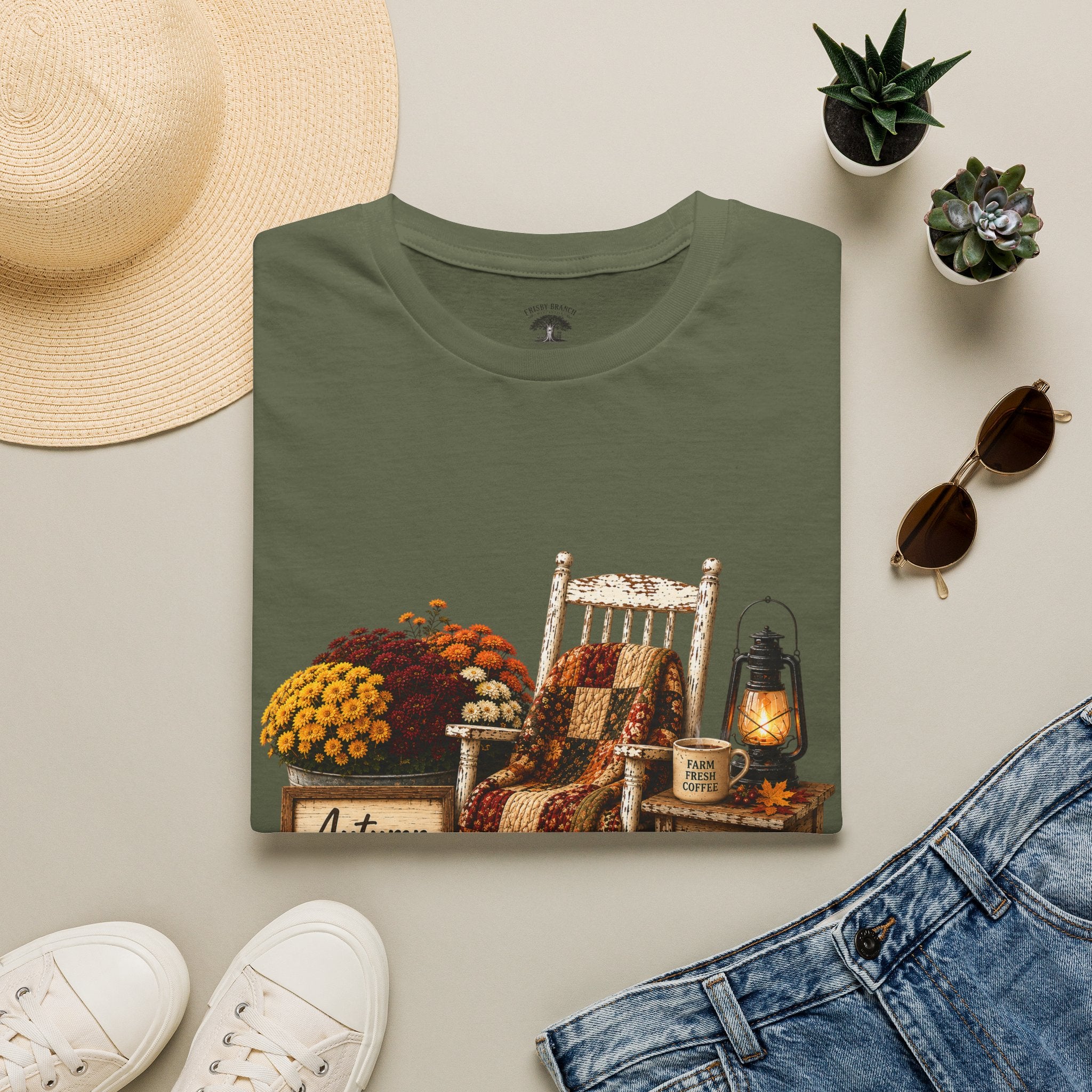 Fall Farmhouse Chair T‑Shirt — Autumn Pumpkins, Quilted Chair & Lantern Tee