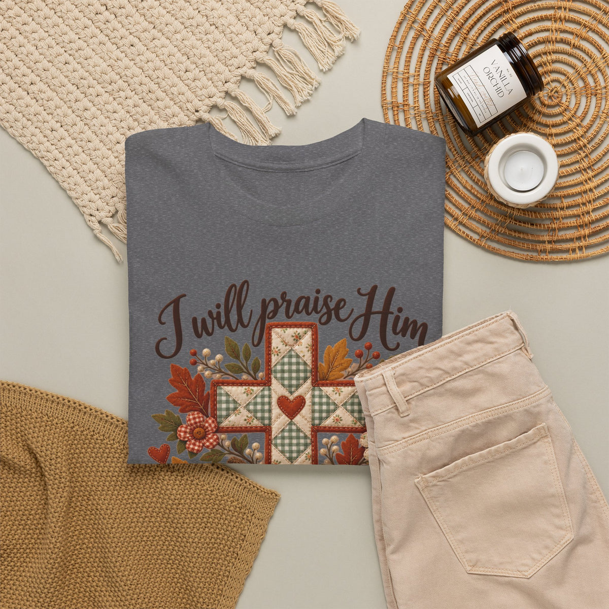 Praise Him in Every Season Tee — Autumn Christian Cross Shirt