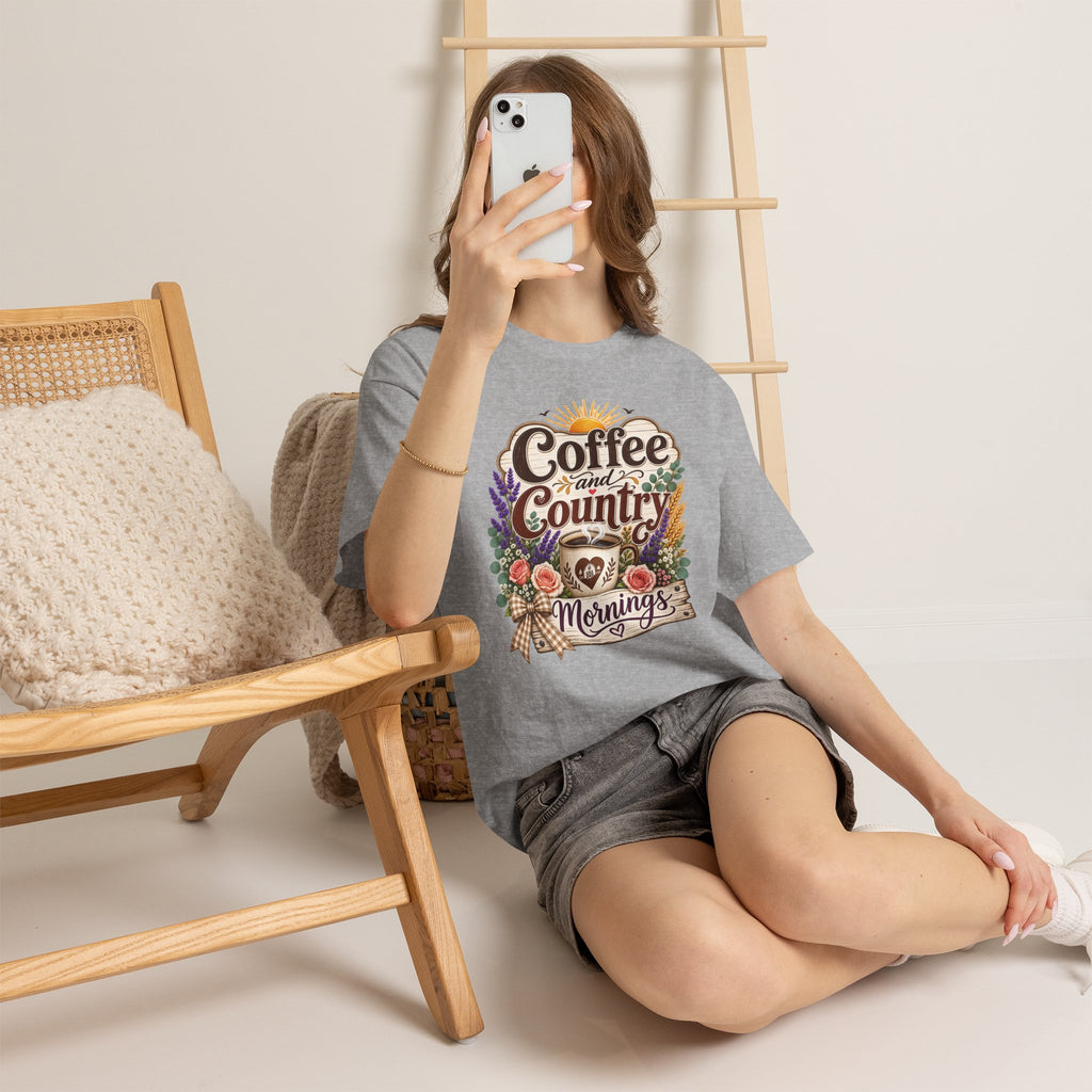 Coffee and Country Mornings Tee — Rustic Floral Coffee Lover Shirt