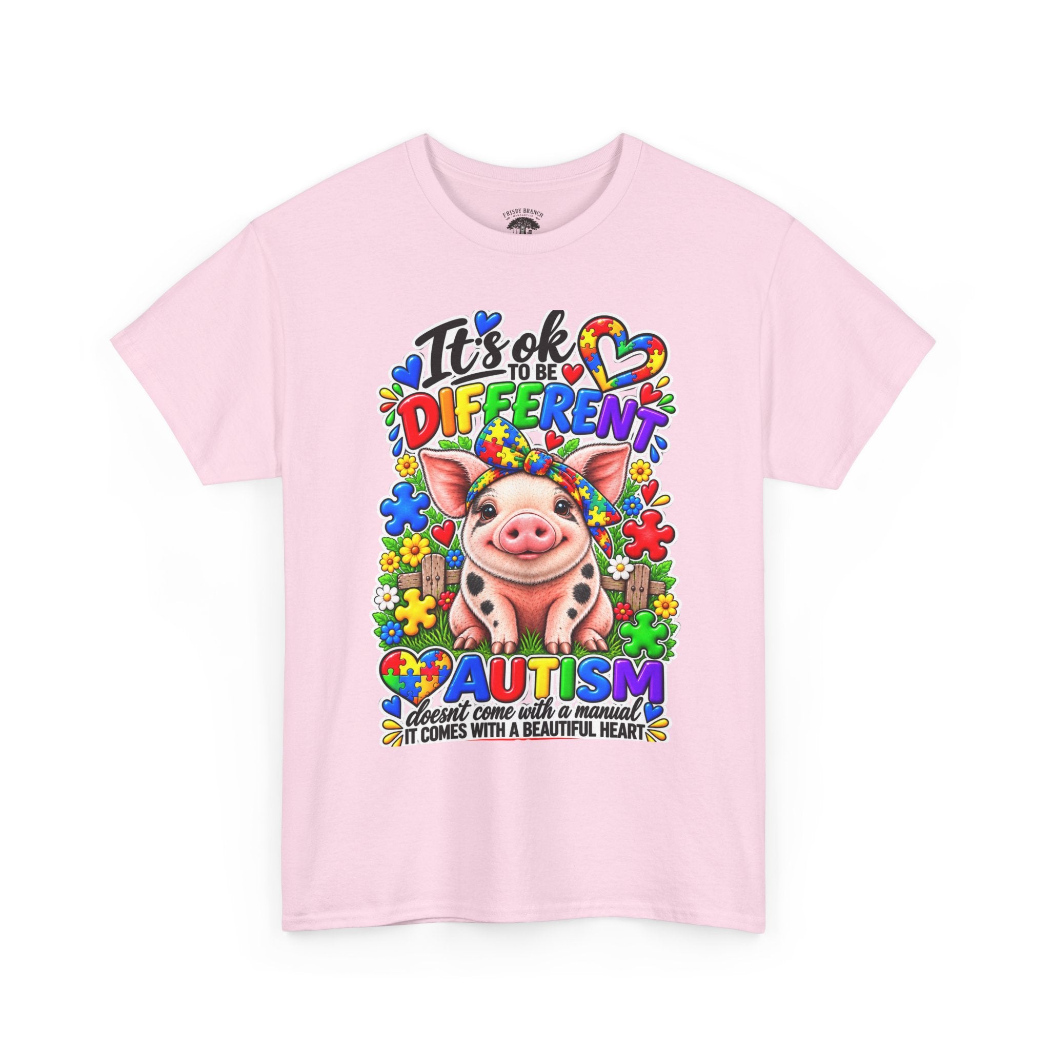 Autism Awareness Pig T-Shirt – "It's OK to Be Different" Colorful Puzzle Tee