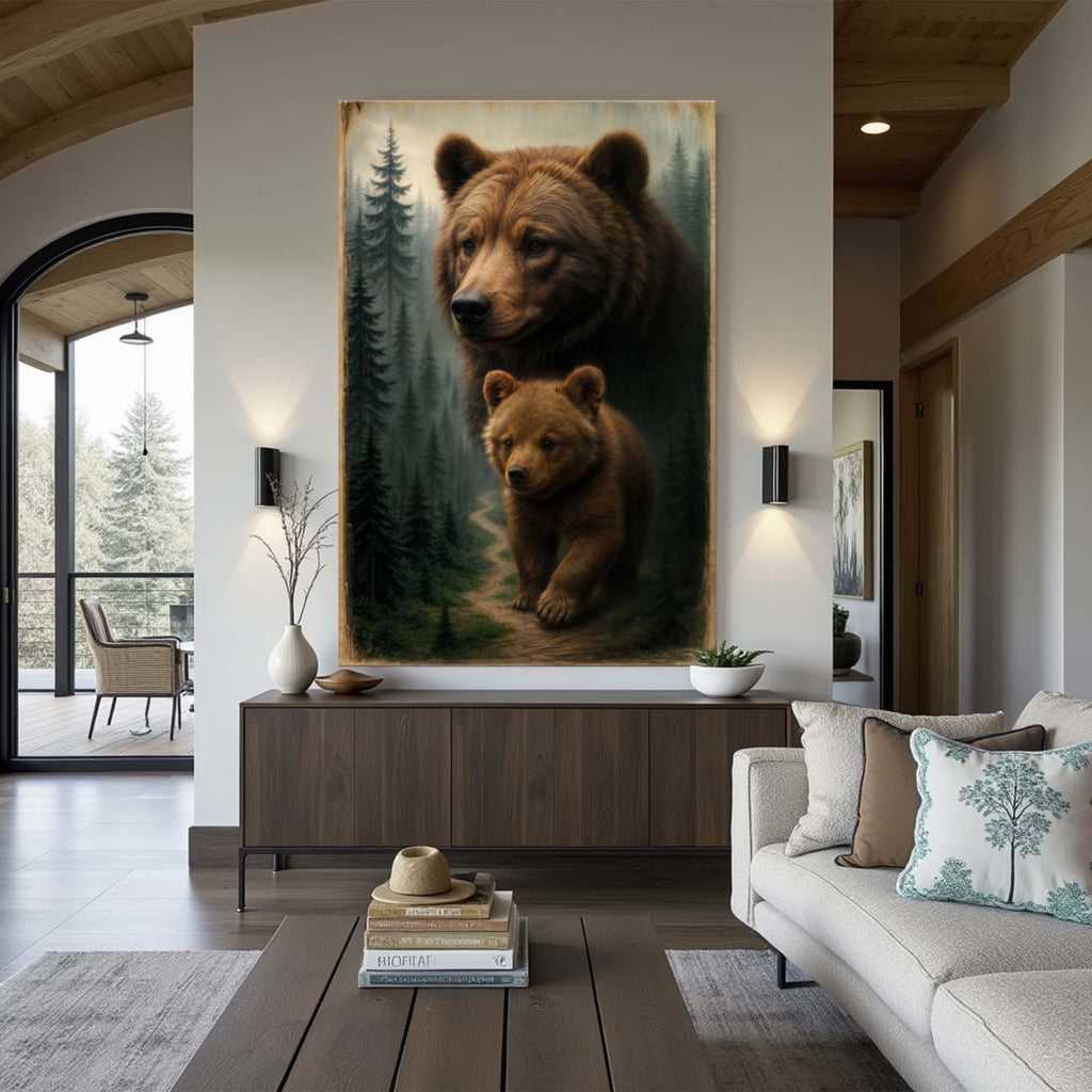 Rustic Bear & Cub Woodland Canvas Wall Art