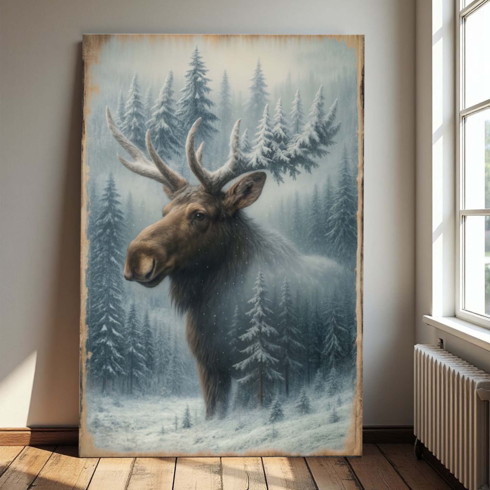 Rustic Snowy Forest Moose Canvas Wall Art