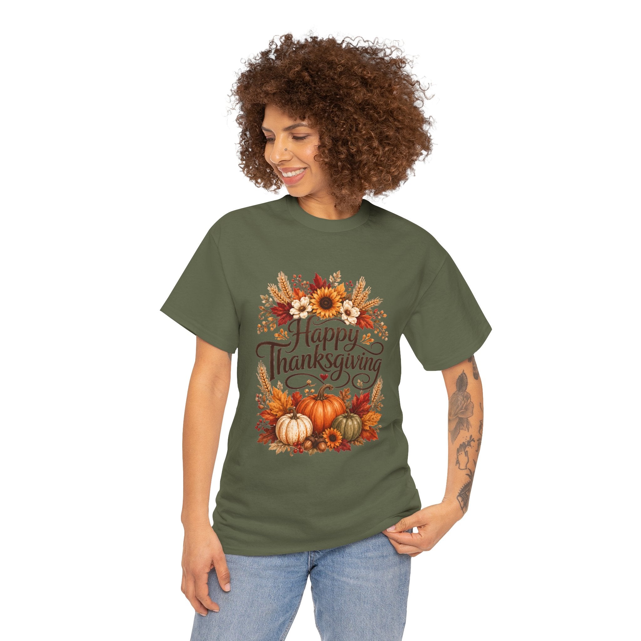 Happy Thanksgiving Tee — Pumpkin & Sunflower Fall Holiday Shirt