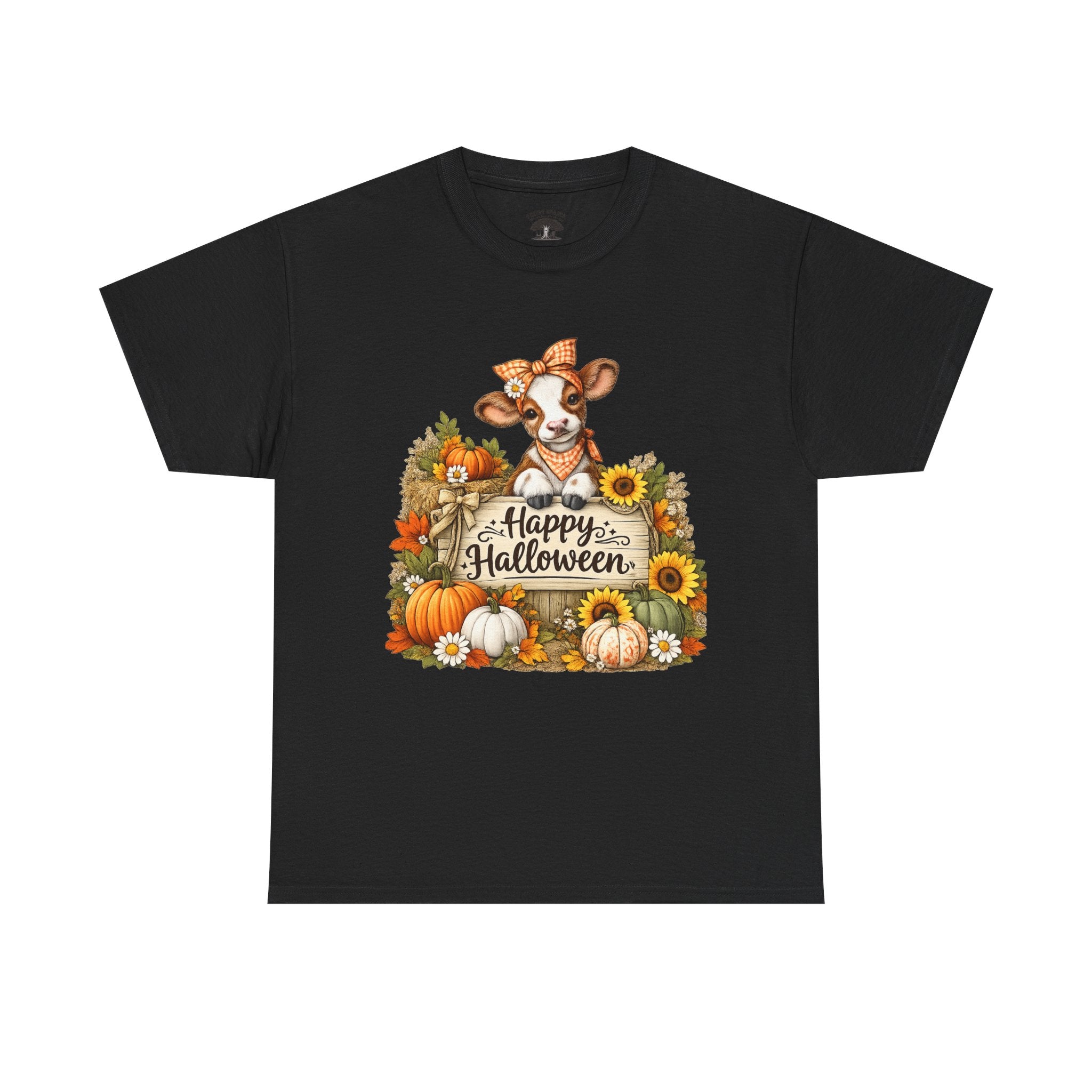 Halloween Cow T‑Shirt — Cute Cow with Pumpkins & "Happy Halloween" Fall Tee